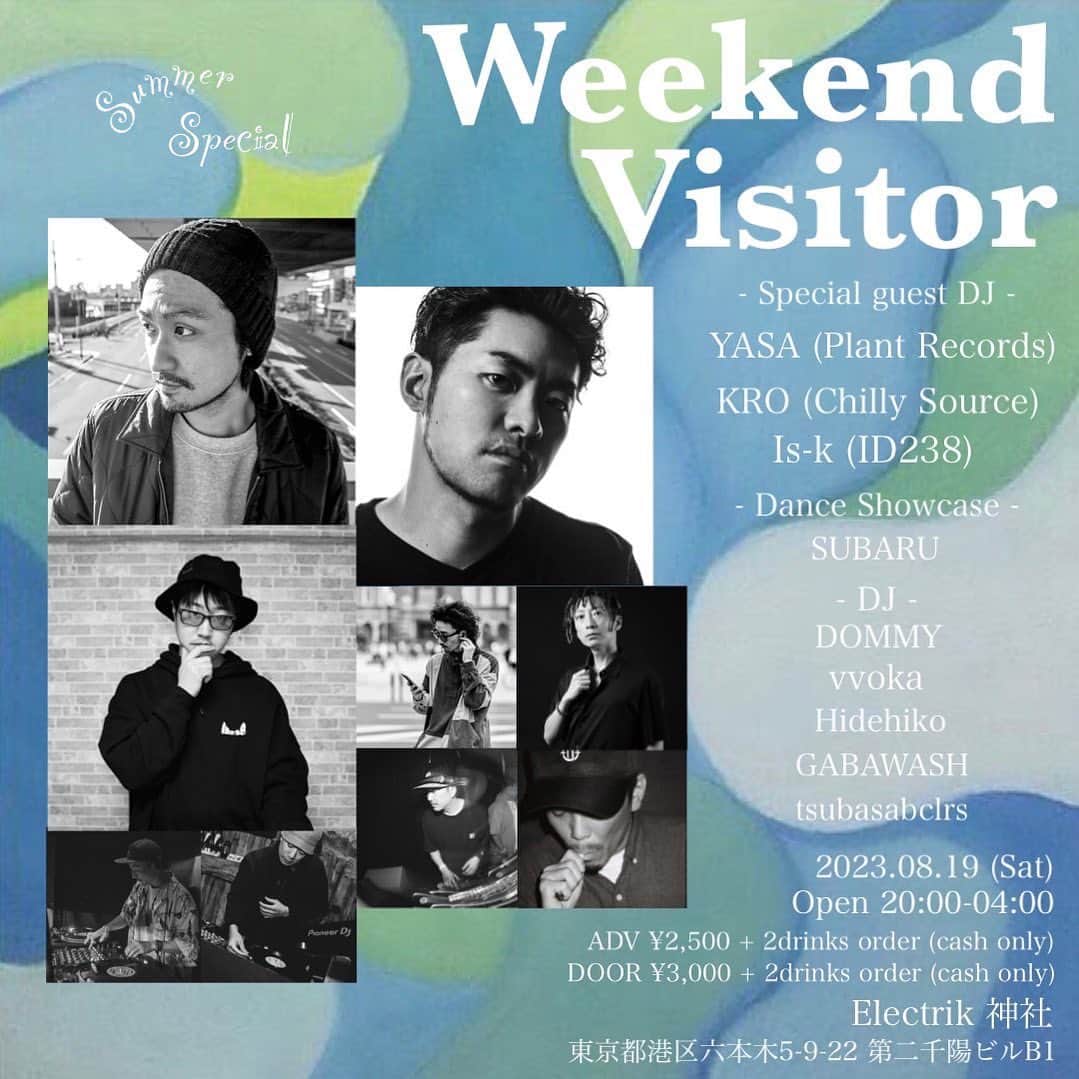 DJKROのインスタグラム：「今週土曜日はDJ Dommy君 @dommy_kuts 主催のパーティー”Weekend Visitor”にて、DJです✨👍 場所は六本木Electrik神社にて🌊👍 20時から4時までの2部構成の様なパーティです！😊 出演者も豪華ですし凄腕プレイヤーの方ばかりなので、大変楽しみです！！ 皆様のお越しをおまちしています！👍 僕は早い時間からスタートですので、終電まででも遊べますよー✨」