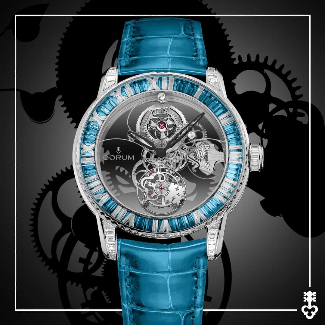 コルムのインスタグラム：「Brilliant in blue.  The Heritage Romvlvs is a shining example of the brand's success, distinguished by the unique hour markers on the bezel, rather than the dial. This particular piece, which features striking baby blue baguette-cut sapphires, is a proud addition to the brand and a perfect choice for those who appreciate one-of-a-kind watches.  (Ref. R374/04416)  #Corum #CorumWatches #CorumHeritage #CorumRomvlvs」
