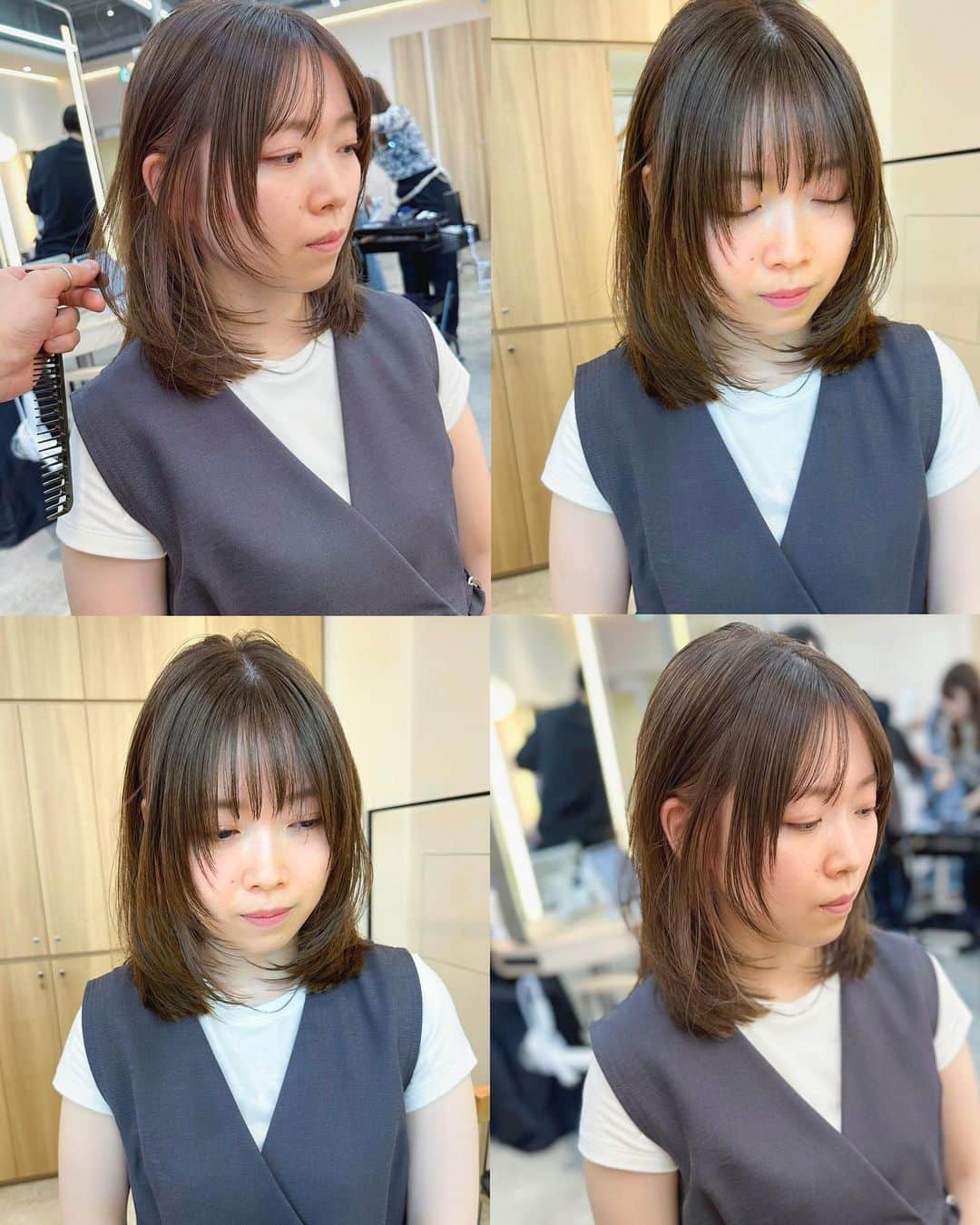 小西涼のインスタグラム：「【顔まわりにデザインを✂︎】#レイヤーカット  薄め前髪からチークバング、顔まわりを レイヤーカットでデザインしてます💁‍♂️ ． カラーは#シークレットハイライト で赤み消し シアベージュで透明感高く艶っぽく❄️ ． ． #フェイスレイヤー　#内巻きレイヤー　 #シアベージュ　#ハイライトカラー」