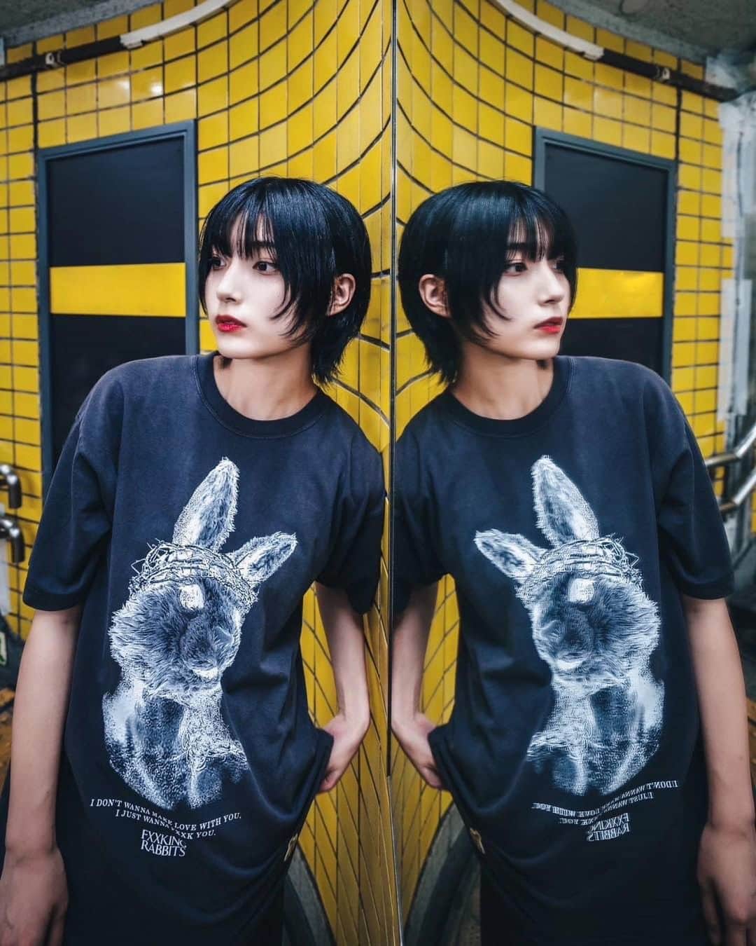 #FR2のインスタグラム：「make eye contact through a mirror  "Rabbit Jesus Pigment Wash T-shirt"  Available Now.  We ship worldwide.  Photo by @rkrkrk   #FR2#fxxkingrabbits#頭狂色情兎」