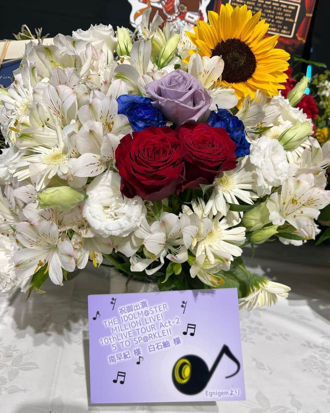 南早紀さんのインスタグラム写真 - (南早紀Instagram)「ミリオン10th名古屋公演で頂いたお花です✨ プロデューサーさん、本当にありがとうございます！！ お手紙も全て受け取らせて頂きました！（プレゼントはまだ事務所NGで受け取れませんでした…、でもプレゼントの中身は全部見ました！本当に沢山ありがとうございました…😭✨） ライブに来て下さるだけでも凄く嬉しいのに、お花やお手紙やプレゼントまで用意してくれて、、本当に本当にありがとうございます！ プロデューサーさんが側で見守っていてくれるおかげで、背筋を伸ばしてライブに挑めています。 福岡公演はもっともっと最高のステージをお届け出来るように頑張るので、応援して頂けると嬉しいです！！  ライブ当日バタバタしていて、皆さんとあまり写真を撮れなかったのと、ケータリングにあった鰻と手羽先と味噌カツ食べれなかったので、福岡公演はそんな事がないようにしたいな…☺️」8月15日 21時01分 - minamisaki1119