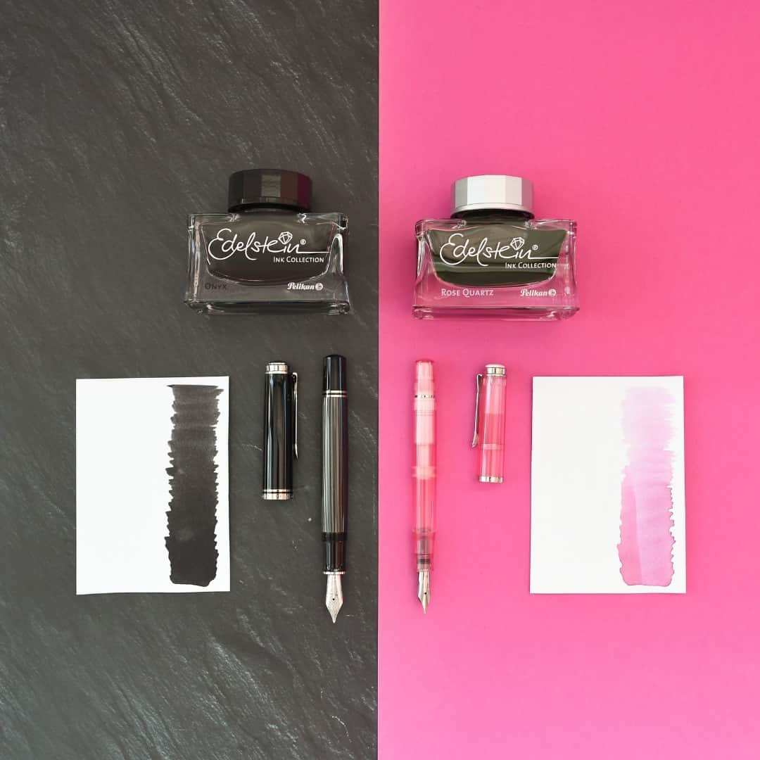 ペリカンのインスタグラム：「💖🖤 #TeamBlackOnyx vs #TeamRoseQuartz  Fascinated by dark-grey or pink themes. Which side speaks to you? Share your choice in the comments below!  #PelikanPassion」