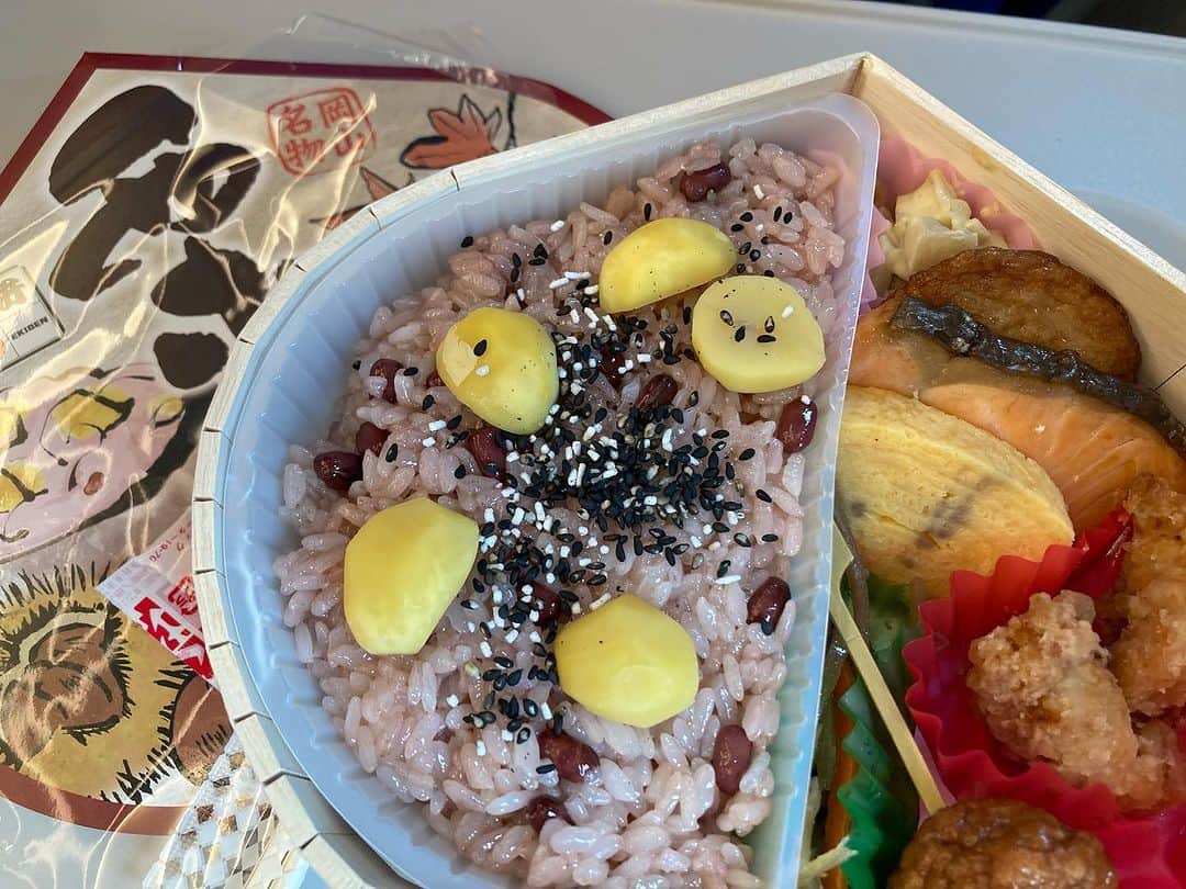 佐伯日菜子のインスタグラム：「ここのお弁当めちゃくちゃ美味しかったよー！ 峠の釜めしの容器がほしい。 #駅弁  #栗おこわ  #お弁当  #大好き #美味しかった」