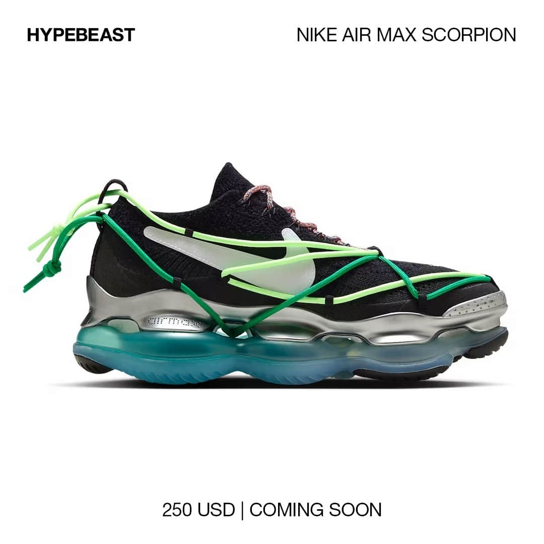 HYPEBEASTさんのインスタグラム写真 - (HYPEBEASTInstagram)「@hypebeastkicks: Only in its second year on the market, the @nike Air Max Scorpion has already been treated to special renditions ranging from a model covered in embroidery to one with gorpcore-themed finish. Now, it joins the Zoom Vomero 5 in bearing the “Have A Nike Day” theme.⁠ ⁠ Aside from its thematic smiley-shaped Swoosh, the special detailing comes courtesy of the external lacing system that wraps around the entirety of the shoe’s upper. First, a green cord lace starts at the heel, where it’s tied, and goes through the midsole’s gap and across the toe. A light neon green lace similarly tightens at the heel with it looping back and forth above the black knit upper. In addition to all of this, a multicolored pair of laces rests above the tongue, finished off with a semi-translucent blue sole down below.⁠ ⁠ Stay tuned for updates as we expect it to release alongside other colorways from the collection in the coming weeks via Nike and select retailers for $250 USD.⁠ Photo: Nike⁠」7月23日 15時00分 - hypebeast