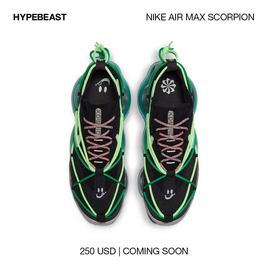 HYPEBEASTさんのインスタグラム写真 - (HYPEBEASTInstagram)「@hypebeastkicks: Only in its second year on the market, the @nike Air Max Scorpion has already been treated to special renditions ranging from a model covered in embroidery to one with gorpcore-themed finish. Now, it joins the Zoom Vomero 5 in bearing the “Have A Nike Day” theme.⁠ ⁠ Aside from its thematic smiley-shaped Swoosh, the special detailing comes courtesy of the external lacing system that wraps around the entirety of the shoe’s upper. First, a green cord lace starts at the heel, where it’s tied, and goes through the midsole’s gap and across the toe. A light neon green lace similarly tightens at the heel with it looping back and forth above the black knit upper. In addition to all of this, a multicolored pair of laces rests above the tongue, finished off with a semi-translucent blue sole down below.⁠ ⁠ Stay tuned for updates as we expect it to release alongside other colorways from the collection in the coming weeks via Nike and select retailers for $250 USD.⁠ Photo: Nike⁠」7月23日 15時00分 - hypebeast