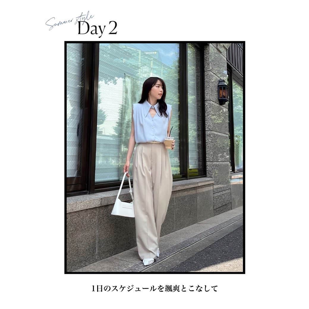 デュラスアンビエントのインスタグラム：「𝑺𝑼𝑴𝑴𝑬𝑹 𝑺𝑻𝒀𝑳𝑬 𝟲 𝒅𝒂𝒚𝒔  ◾︎ DAY 2  美容院に行ったり、欲しかった限定コスメを買いに行ったりと友達とのディナーまでに予定がたくさん！🛍️ 分刻みで動く日でも、頼れるパンツでキレイ見えをキープして✨  💡TOPページより最新特集をご覧頂けます✔︎  ＿＿＿＿＿＿＿＿＿＿＿ ✔︎ @ambient_styling #AMBIENT #ambient_official #ambientstyle #アンビエント #夏コーデ #夏服コーデ #きれいめカジュアル #パンツコーデ」