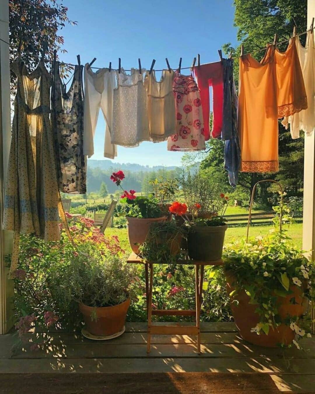 のインスタグラム：「UN DIMANCHE AU SOLEIL🌞  Une journée ensoleillée entourée de fleurs épanouies : c’est là que la magie de l’été prend tout son sens. ✨ Qu’avez-vous prévu en cette douce journée ?🌼  —  A sunny day surrounded by flowers in full bloom: that's when the magic of summer really comes into its own. ✨ What do you have planned for this sweet day?🌼  Pinterest : qvc  #Princessetamtam #GardenVibes #Summer #Sunday #GardenLife #Laundry」