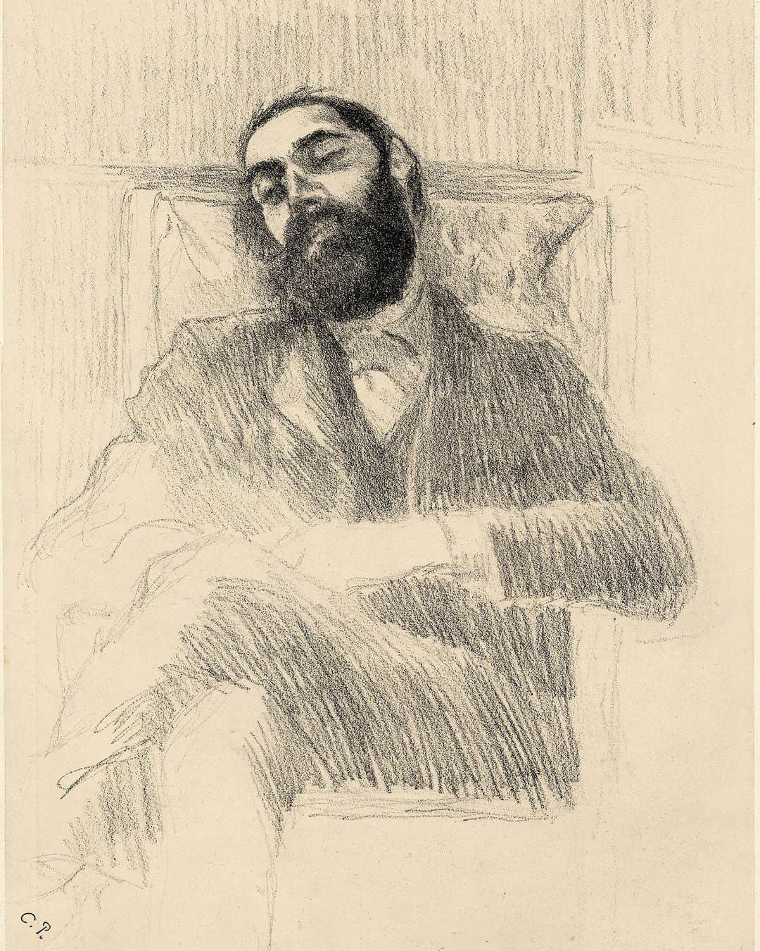 大英博物館のインスタグラム：「😴 Let us inspire you to take a sleepy Sunday snooze, courtesy of this sketch by Camille Pissarro.  The Danish-French Impressionist is best known for his representations of serene rural landscapes, which focus on the transient effects of light and colour.  He also captured many scenes of everyday life, such as this piece which shows his son Lucien enjoying a quick nap.  🔎 Camille Pissarro (1830–1903), ‘Convalescence (Lucien Pissarro)’. Lithograph on chine collé, around 1900.   #BritishMuseum #Impressionism #Pissarro」