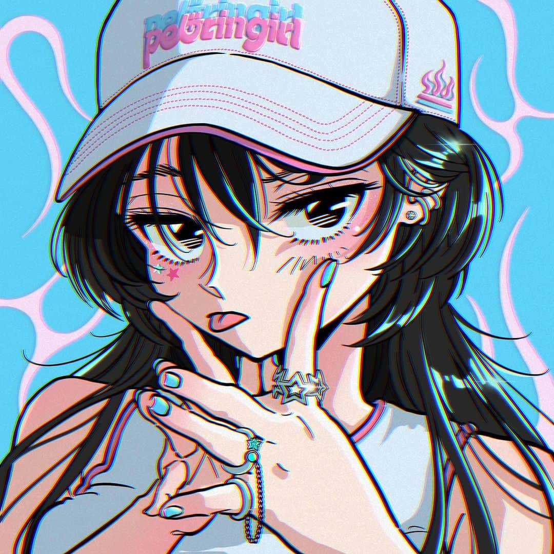 佐藤なつみのインスタグラム：「CAP PELORINGIRL🧢🤍  ２つめ😋✌️  ・－・－・－・－・－・－・－・－・－・  ♡大阪個展開催について♡ ◼︎会期日程 2023.8/3(thu)-8/20(sun) 在廊日:8/11-8/13   ◼︎住所 大阪府大阪市浪速区日本橋3-5-25 高島屋東別館1階  ◼︎場所 コミュニティーフードホール大阪・日本橋  ◼︎営業時間 10:00-22:00（ラストオーダー21:30） ※8/20　最終日のみ営業時間10:00-18:00  #エモい #illustration #illustrator #art #90s  #イラスト#オリジナル #citypop #女の子イラスト #ガールズイラスト #古着女子 #古着コーデ #古着 #イラストレーター #ストリートファッション #ストリート系女子」