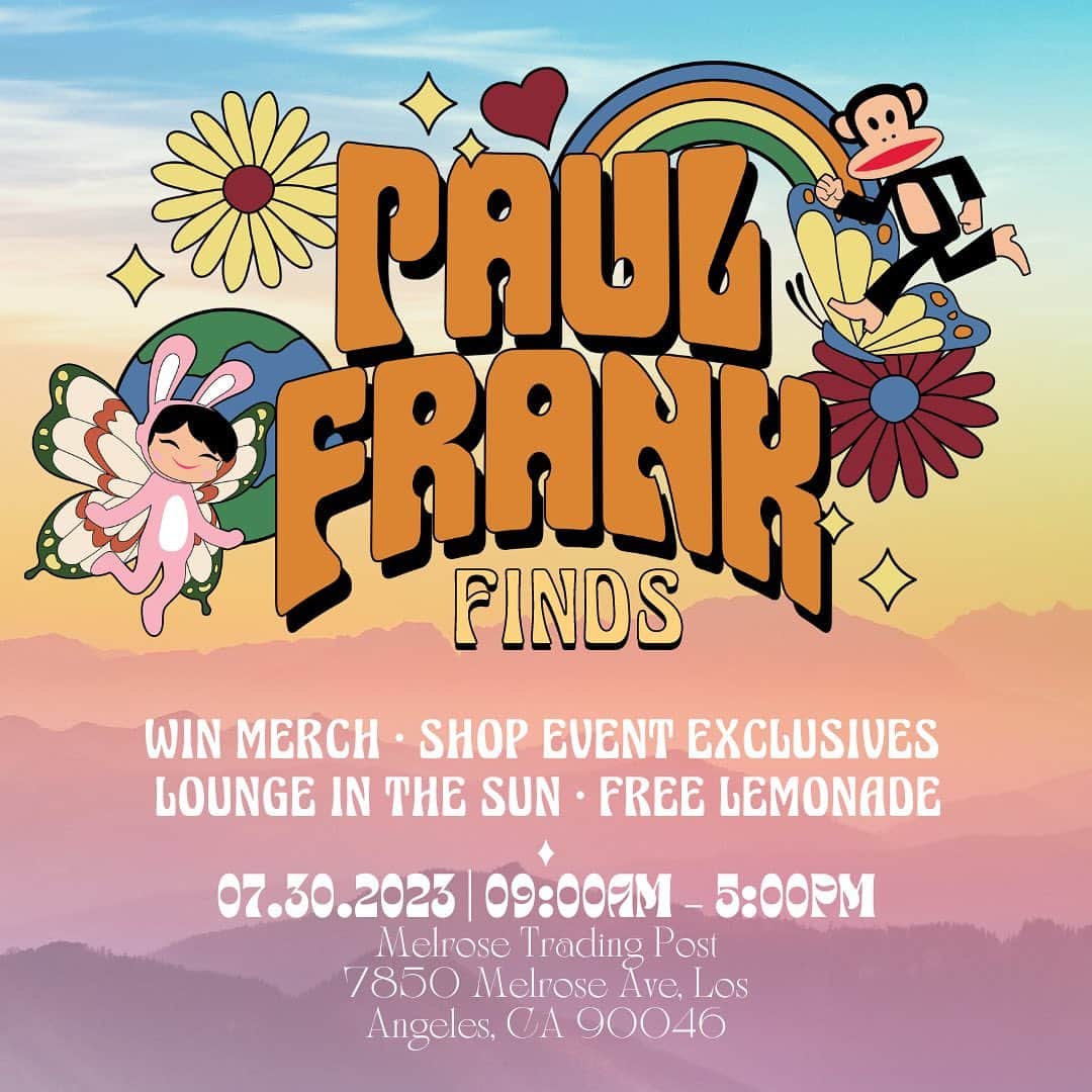 ポールフランクのインスタグラム：「we're excited to announce that we'll be at Melrose Trading Post in LA on Sunday, July 30th! we have lots of merch lined up for you, so pull up with your best Paul Frank fits and get prepped to find us!」