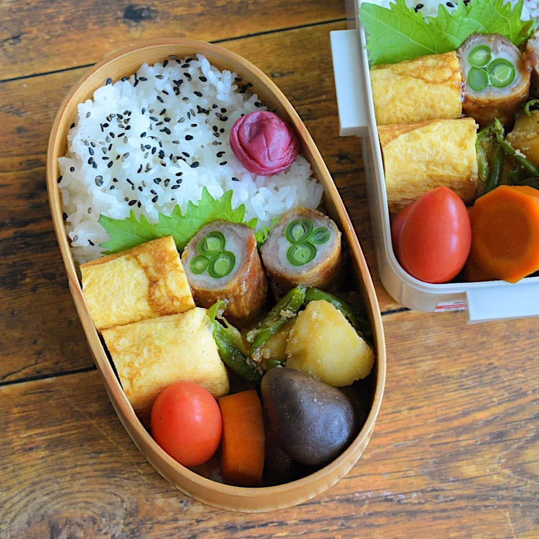 yukiyoのインスタグラム：「2023.7.23* ・ 今日のお弁当 ・ 甘い出汁巻 いんげん肉巻き じゃがいもとピーマン炒め 椎茸と人参甘辛煮 実家のミニトマト ・ 徒歩通勤で、 おやつを食べられる雰囲気でもない職場にいると 痩せるって気がつきました😂 ・ お腹は痩せないけど！笑 ・ ・ 月曜日、頑張ろう〜 ・ #お弁当 #obento #bento #japanesefood #暮らし #わっぱ #曲げわっぱ #わっぱ弁当 #igersjp #おうちごはん #おうちごはんlover #クロワッサンお弁当部 #クロワッサン普段弁当」