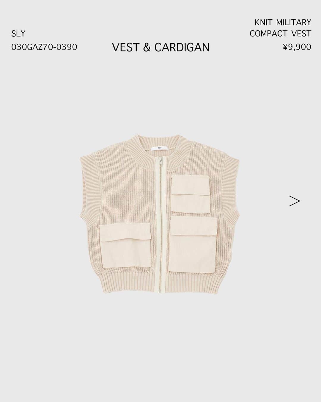 のインスタグラム：「【NEW IN】 - VEST&CARDIGAN -	 ━━━━━━━━━━━━━━━━	 【SLY】KNIT MILITARY COMPACT ベスト ¥9,900 tax in  Size：FREE Color：IVOY,BLK,KHA No：030GAZ70-0390 ※発売中	 	 【SLY】MINORI MURATA x SLY 2P カーディガン ¥11,990 tax in	 Size：FREE Color：M/BLU,M/PNK No：030GAZ01-1870 ※発売中	  【MOUSSY】COMPACT SHORT ベスト ¥9,900 tax in	 Size：FREE Color：NVY,柄WHT	 No：010GAG30-7030 ※発売中  【rienda】FIT RIB Knit CD	 ¥7,700 tax in	 Size：FREE Color：BLK,L/BEG,RED,L/BLU,Multi No：110GA670-0030 ※発売中	  気になるアイテムは画像をタップまたは	 プロフィールのサイトURLをクリック✔	 ━━━━━━━━━━━━━━━━	 #SHELTTERWEBSTORE #SWS	 #MOUSSY #SLY #rienda  #newin #2023ss #summer2023 #vest #cardigan #y2k #y2kfasion  #新作 #ニットベスト #ミリタリーベスト #ベスト #カーディガン #クロップド丈 #ニットカーディガン #リブニット #デザイントップス」