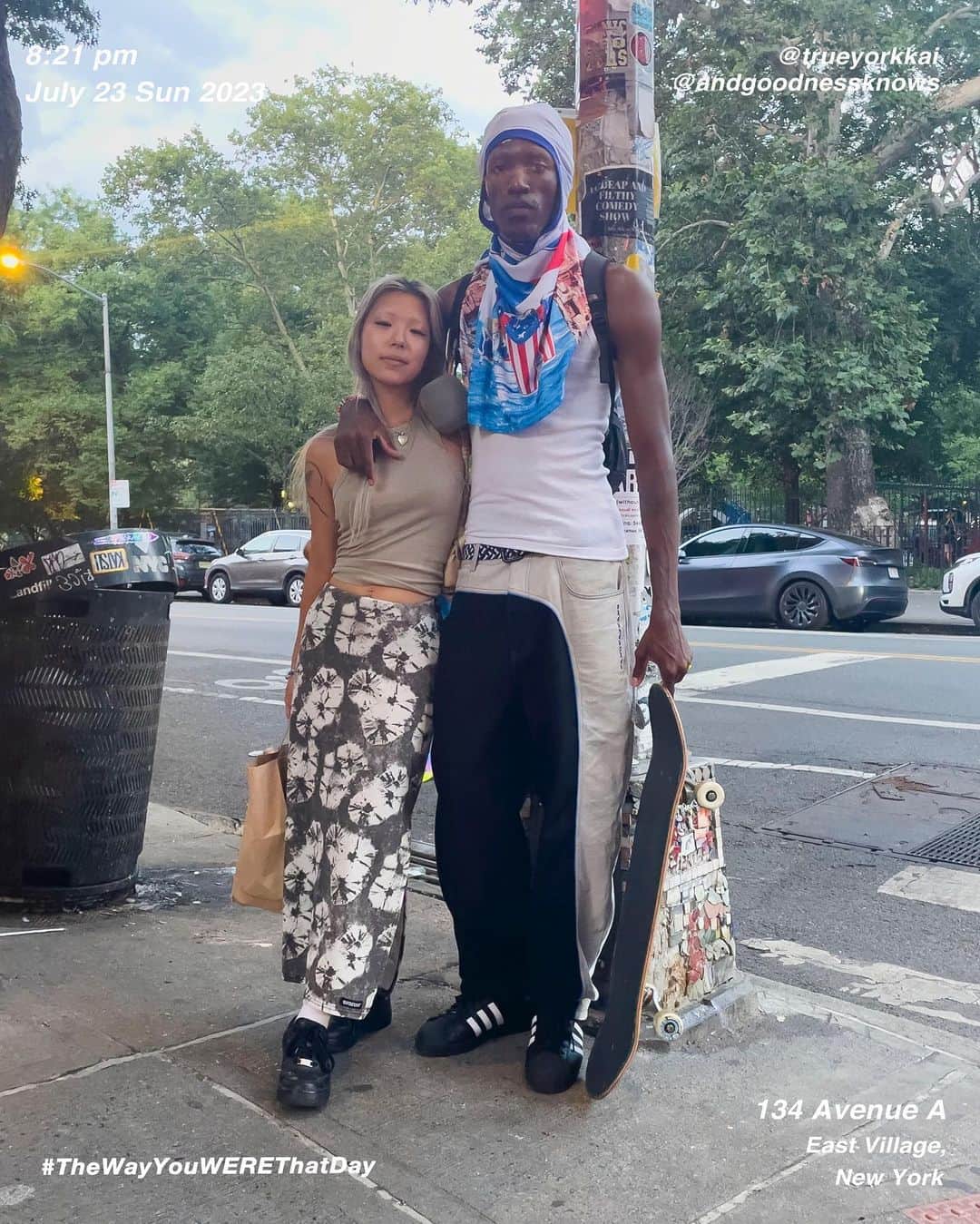 筒井心一のインスタグラム：「June @andgoodnessknows and Kai @trueyorkkai on 134 #AvenueA at 8:21 pm, July 23 Sunday 2023, #EastVillage  #Manhattan #NewYork  #OutfitOfTheDay = #TheWayYouWEREThatDay  #TWYWTD #ShinichiTsutsui」