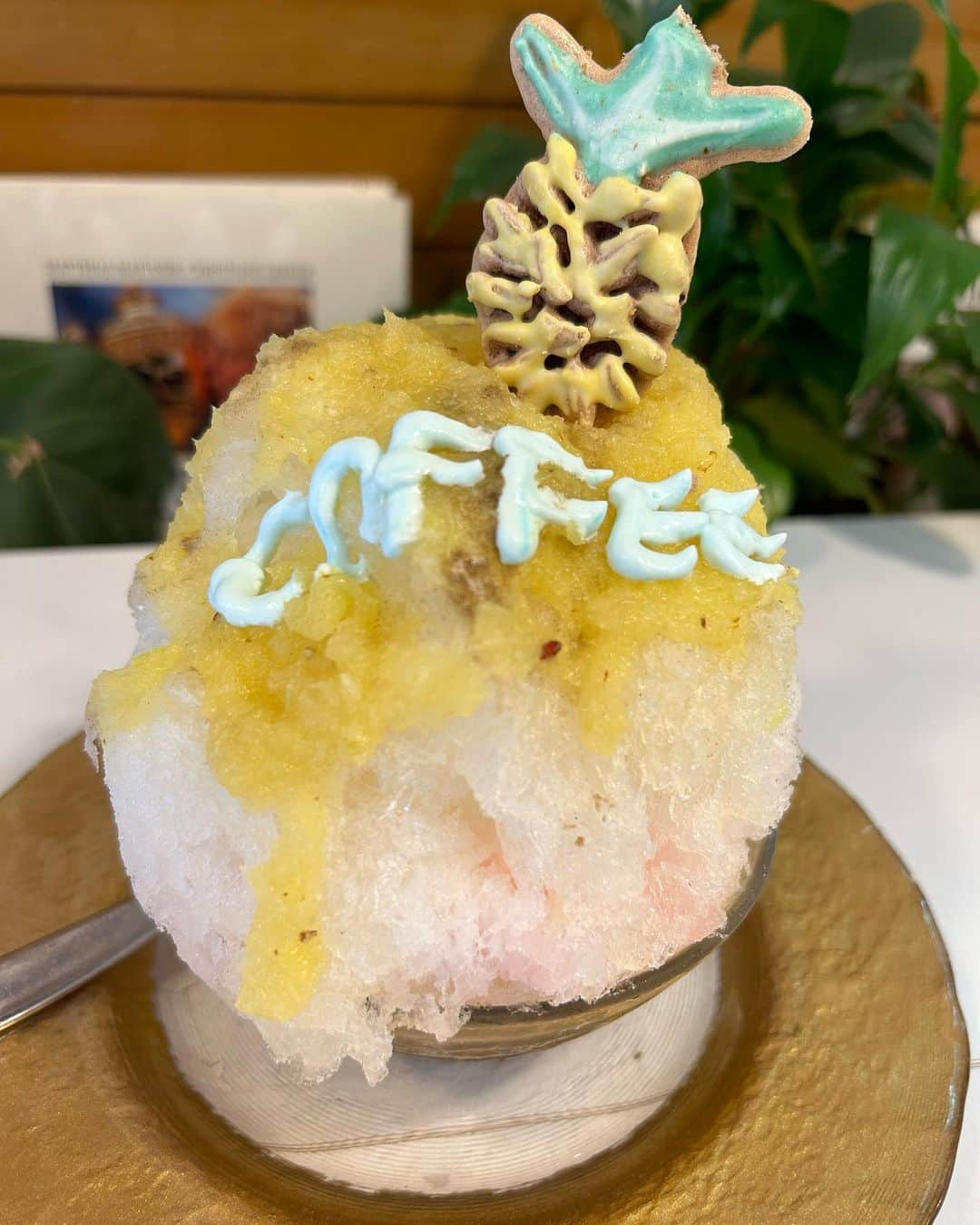 渚志帆さんのインスタグラム写真 - (渚志帆Instagram)「北品川『いちょうの木』さん🍧  ＊パイナップルコーヒー ＊チャイナブルー ＊夏かぼちゃ  いちょうの木さんの夏らしいメニュー達☀️ パイナップルコーヒーって外国にあるらしい😳 このビジュアルがちゃんと、パイナップルのクッキーにCOFFEEという文字があるのがもうパイナップルコーヒーだよね？☕️ パイナップルソースの濃厚な味わいも共にアーモンドシロップのまろやかな味わいも感じる😳 食べ進めていくと、なんかね、すごい知ってる味ですごい好きな味だこれなんだろうって思って食べてたら、ハッ！パッションフルーツが出てきたんです！！！！驚き桃の木山椒の木！！！！！ しかもパイナップルからローズに変化してすごく気持ちが良い🌺 底にはしっかりとコーヒーが☕💭 なんかすごい、パイナップルコーヒーってオシャンティーかつしっかり美味しい、、！ トレビア〜ン。 そして浮き輪に乗ったお姉さんがセクシーなチャイナブルー💙 ブルーハワイって聞いて、すごい懐かしさを思い出して食べてみたくなってオーダーしました！ 一口目はライチからさっぱりと始まります💨 マリブって初めて口にしたんだけど香りがストレートな感じでココナッツやラム味を感じてブランデーやウイスキーが好きな私にはすごく好みの味でした💫 やはりここでも夏を感じる素晴らしき逸品...！ すごく新しい感じで新鮮な味わいで美味しかった！✨ この時期にかぼちゃがある〜！とテンション上がり夏かぼちゃ🎃 蝶々可愛い🦋 王道なかぼちゃソースにヘーゼルナッツやアーモンドが入っており、驚いたのが焼きココナッツが入っていたこと！ 焼いてあることにより香ばしさが増してお口の中でココナッツが広がるこの幸せ空間！！！ そしてこの夏かぼちゃ、ただのかぼちゃで終わるかき氷ではなかったのです... 途中で生姜の味がして、😳！？ひやしあめが入っていたそう！ ピリッとパンチが効いて味変！ からの、お次はシナモンの心地よい香りと甘くスパイシーな味わいがきたのです！ しかもかぼちゃの甘さとシナモンの香辛料がバランス良くてすごく合うんです！ こりゃ美味しい😋 カカオニブのポリポリな食感も楽しい🍀 サクサク食べれちゃう構成神な一杯でした🌼 いちょうの木さんはほんと毎回メニューいっぱいで悩みに悩んで次に食べるのも食べながら考えたりしてそういうのも楽しくてかき氷の構成やビジュアルやワクワク感を引き出してくれるすごく楽しい氷屋さん🍧 また行きます！ご馳走様でした🙏✨」7月24日 20時00分 - totsuka_ruu