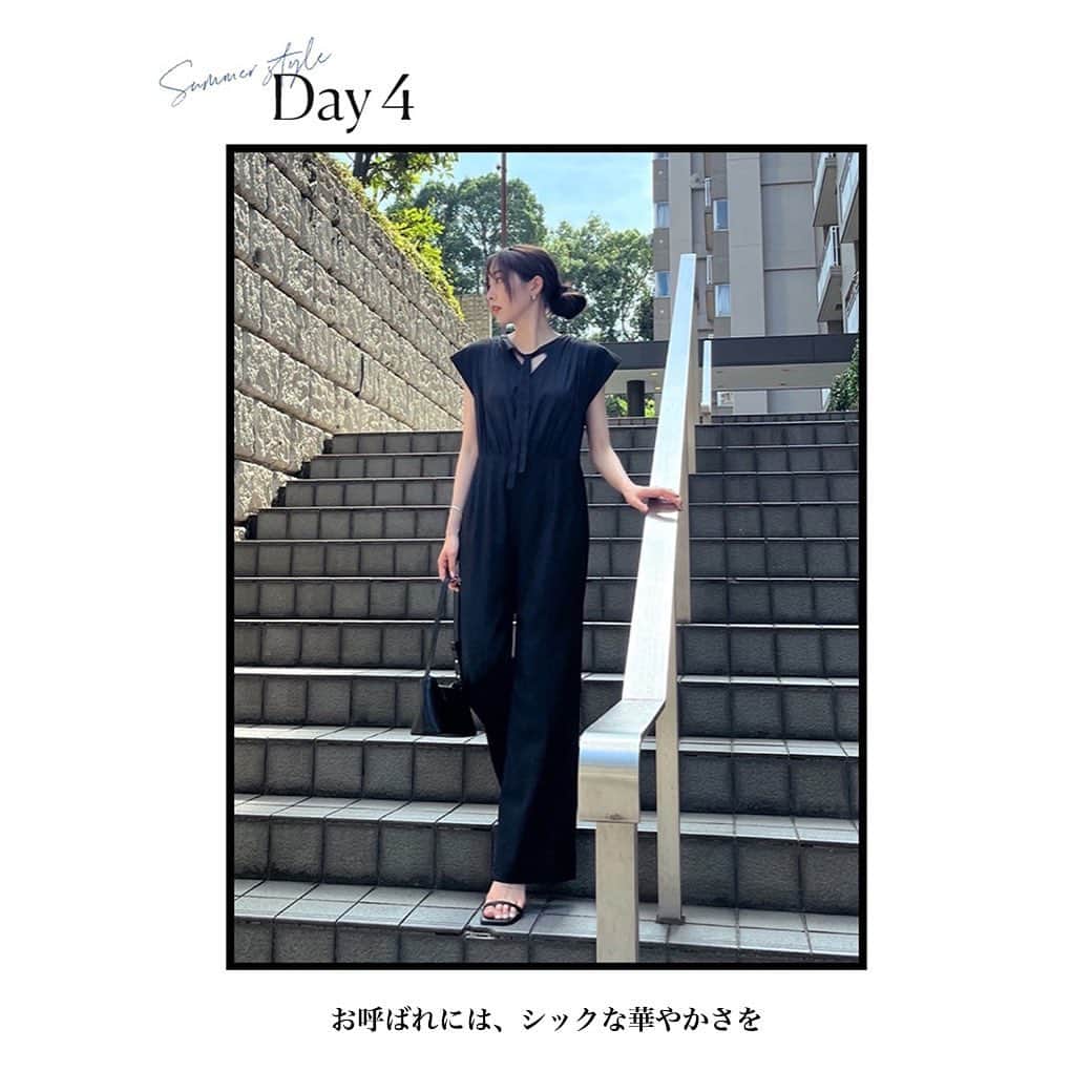 デュラスアンビエントのインスタグラム：「𝑺𝑼𝑴𝑴𝑬𝑹 𝑺𝑻𝒀𝑳𝑬 𝟲 𝒅𝒂𝒚𝒔  ◾︎ DAY 4  友人のお店のオープンを記念した、レセプションパーティーへ🍸 程よくカジュアルに、それでいてキチンと品よく決まるオールブラックは、お呼ばれのドレスコードにピッタリ🪄  💡TOPページより最新特集をご覧頂けます✔︎  ＿＿＿＿＿＿＿＿＿＿＿ ✔︎ @ambient_styling #AMBIENT #ambient_official #ambientstyle #アンビエント #夏コーデ #お呼ばれコーデ #オールインワン #きれいめカジュアル」