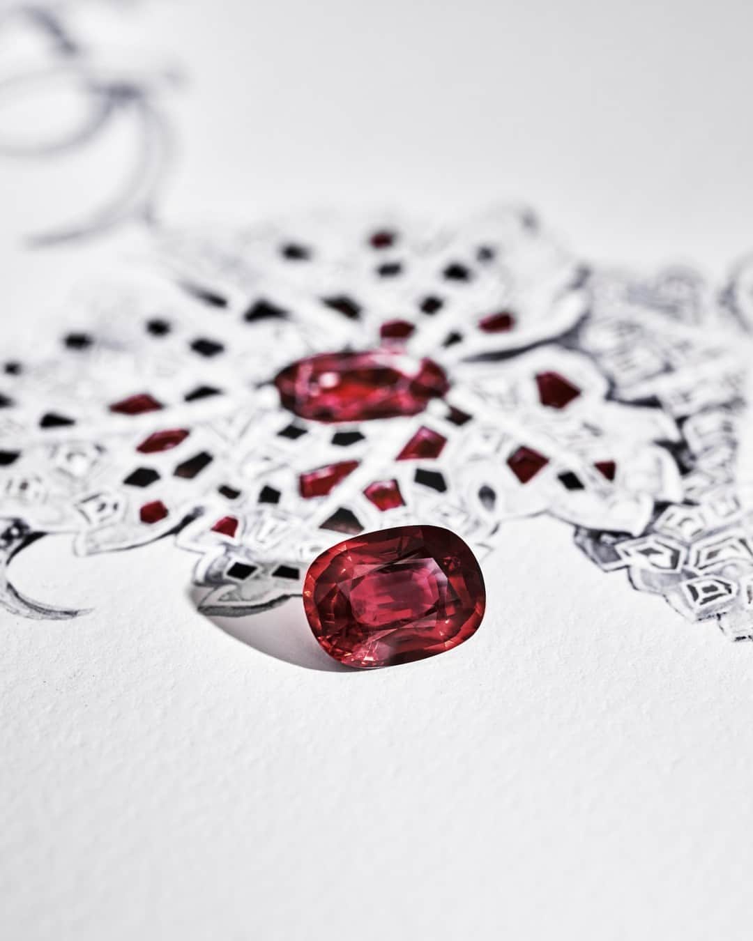 Chaumetさんのインスタグラム写真 - (ChaumetInstagram)「Crafted with passion and expertise, dive into the captivating allure of the exquisite Vine Leaf High Jewellery necklace.⁣ The fleshy vine comes to life through a stunning Mozambique cushion-cut ruby of 5.18 carats, revealing intense red hues.⁣ To emphasise the realism of the white gold tendrils and the magnificently textured leaves, the necklace shimmers with a pavé of 300 stones.⁣ Realised individually, before being reproduced in wax, the bezels of these diamonds, black spinels, grey spinels and rubies provide a measure of the piece’s extreme complexity.⁣ Tracing out an airy lace, the openwork on the back of the leaves testifies to the virtuosity involved.⁣ #Chaumet #LeJardindeChaumet #ChaumetHighJewellery #ChaumetVirtuosity」7月24日 17時50分 - chaumetofficial