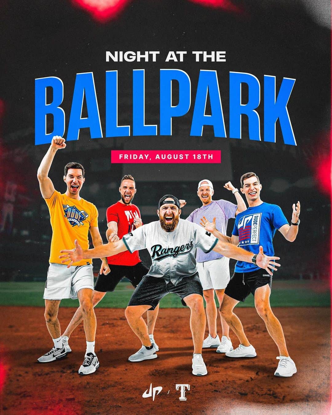 Dude Perfectのインスタグラム：「Join us for Dude Perfect Night at the Ballpark on August 18th! Get tickets at the link in our bio to get a SWEET custom DP x Texas Rangers jersey 🔥⚾️」