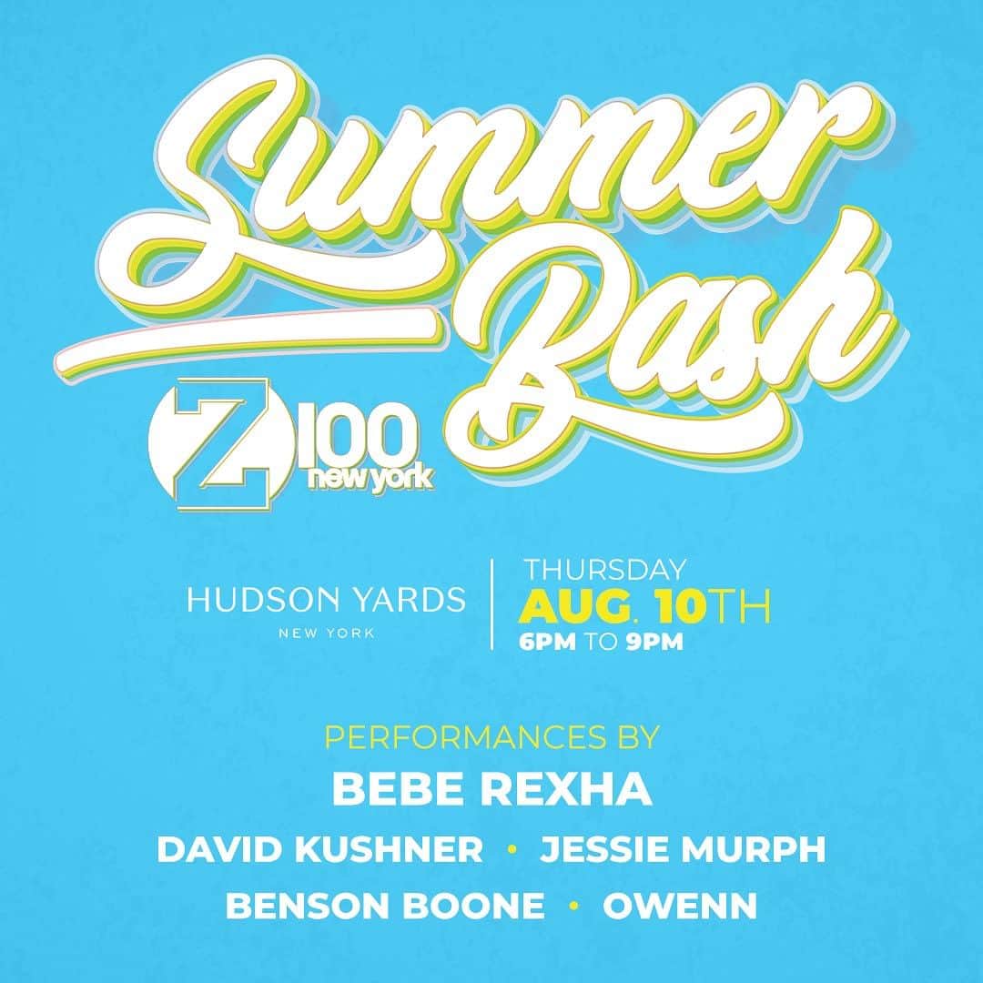 Bebe Rexhaのインスタグラム：「Just announced ☀️🩵 Our #Z100SummerBash is BACK and will be here Thursday, August 10th @hudsonyards! At this 😱FREE😱 show you’ll be able to see @beberexha, @david.kushner, @jessiemurphhh, @bensonboone and @owennmusic 🎉🎙️🩷 Z100.com for more details!」