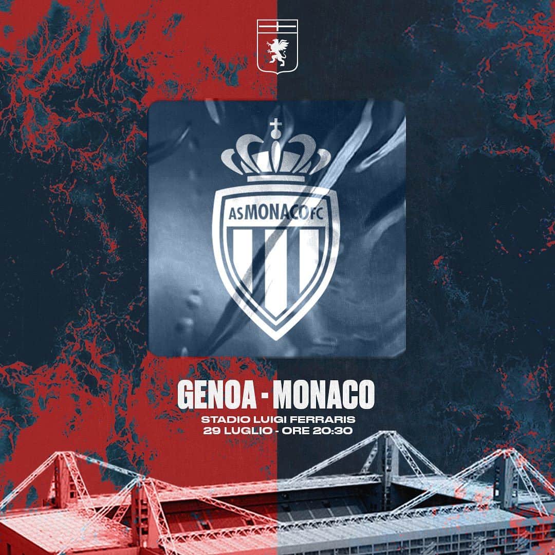 ジェノアCFCのインスタグラム：「📆 29/07 ⏱️ 20:30 ⚽️ #GenoaMonaco 🏟️ Stadio Luigi Ferraris   🎟️👉 Link nelle stories per acquistare i biglietti su @vivaticket_it」