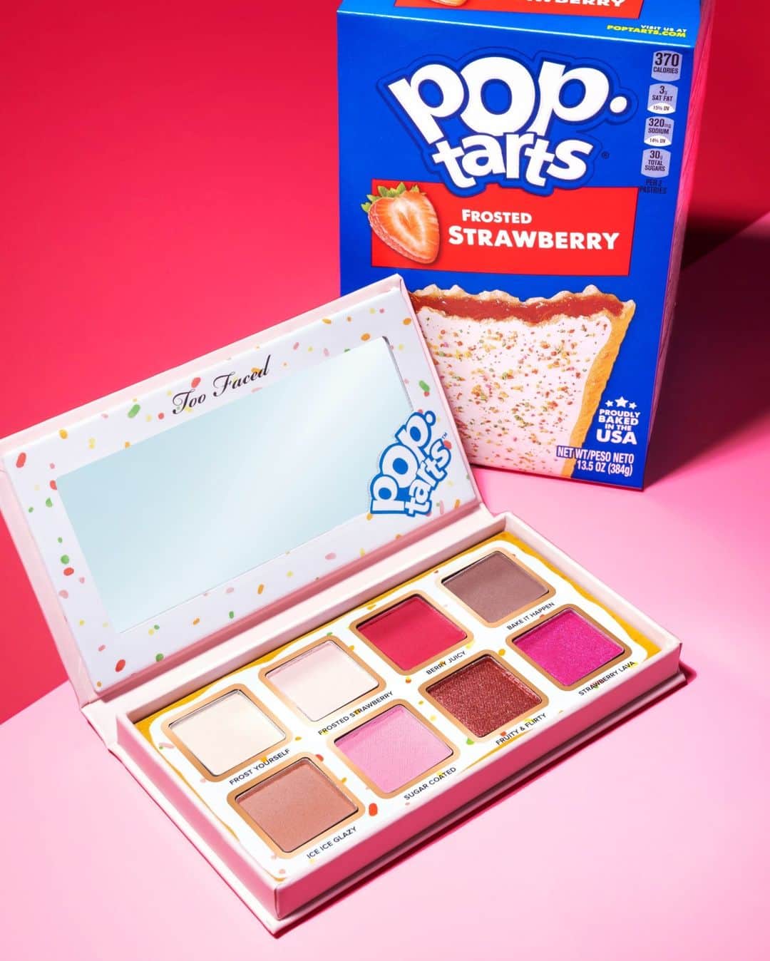 Too Facedのインスタグラム：「Tiny Palettes, BIG Vibes 💖 These 8 pink & pretty pops of color inspired by the iconic Frosted Strawberry @poptartsus make the perfect bite sized eye shadow palette! Shop now on toofaced.com! 😍 #toofaced #tfcrueltyfree #TooFacedXPopTarts」