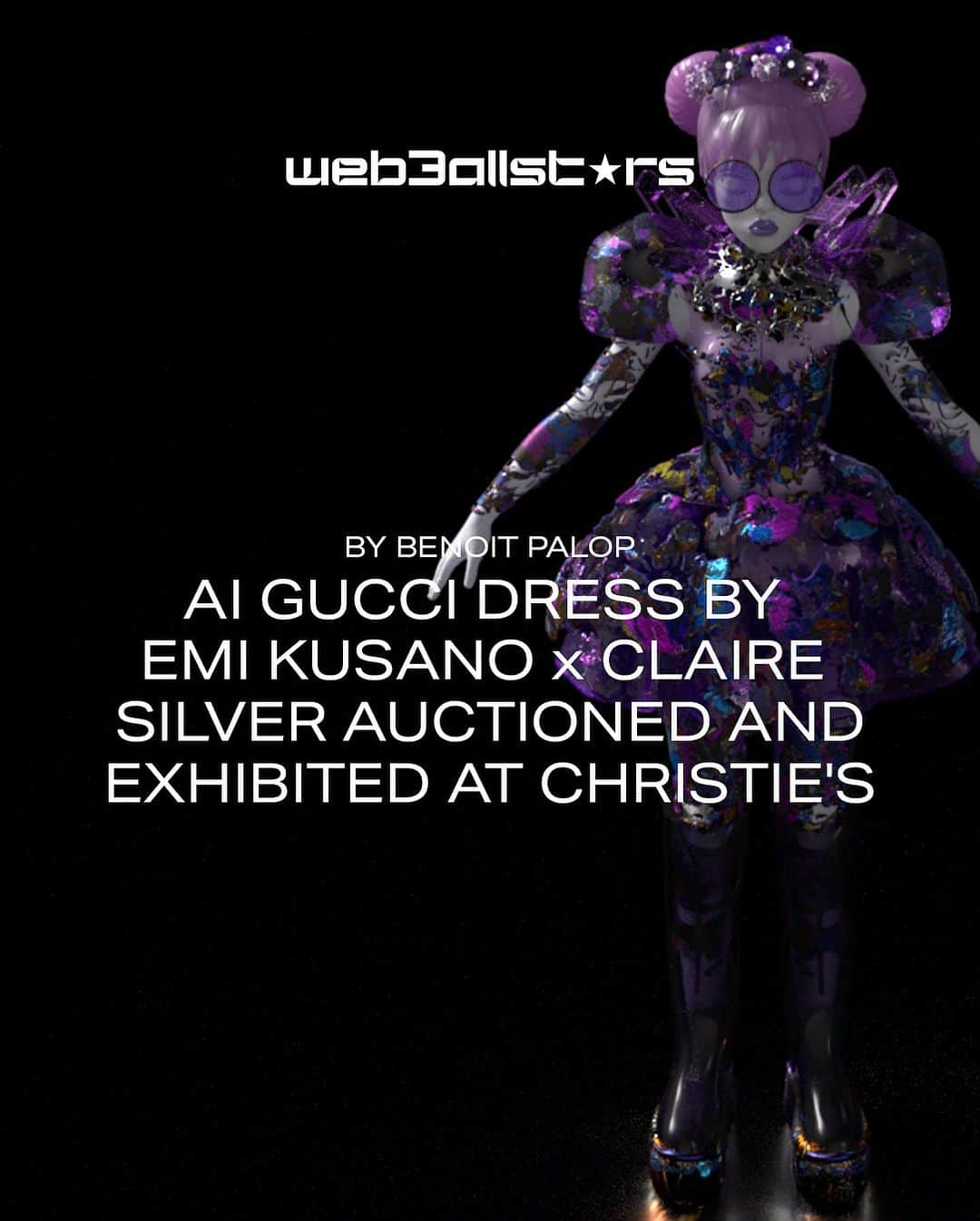 草野絵美のインスタグラム：「✨ GUCCI x AI FASHION ART ✨ @emiksn & @clairesilveraiart brought dreams to life with their stunning AI 3D dress! 💫   Thrilled to share this futuristic creation, debuting at "Future Frequencies" – an extraordinary @christiesinc x @gucci collab. 🔮   Curated by the amazing @sebastianss, and covered by the talented @benoit.tokyo .  Don't miss this groundbreaking digital NFT exhibition! 💖 #AIFashion #FutureFrequencies #GucciXAI #digitalart   🔗 Link in bio to read the full article on our website & check out our stories for more behind-the-scenes! 📰✨  #web3allstars #emag #web3 #nft #digitalart #nftart #digitalfashion #gucci #christies #artauction #アートオークション #rockfellercenter #aiart #aifashion #generativeart」