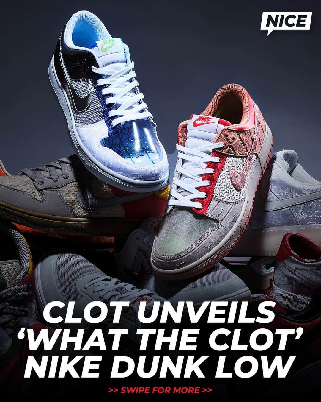 Nice Kicksさんのインスタグラム写真 - (Nice KicksInstagram)「@clot is releasing a special “What The CLOT” Nike Dunk Low to celebrate its 20 years of partnership with The Swoosh ✔️  Releasing on July 29, the shoes combine design elements from all 17 previous CLOT x Nike sneaker collaborations.   Each pair will come with an exclusive set of trading cards dedicated to the sneakers featured in the “What The Clot” Nike Dunk 🔥  LINK IN BIO for more info 📲」7月25日 3時41分 - nicekicks