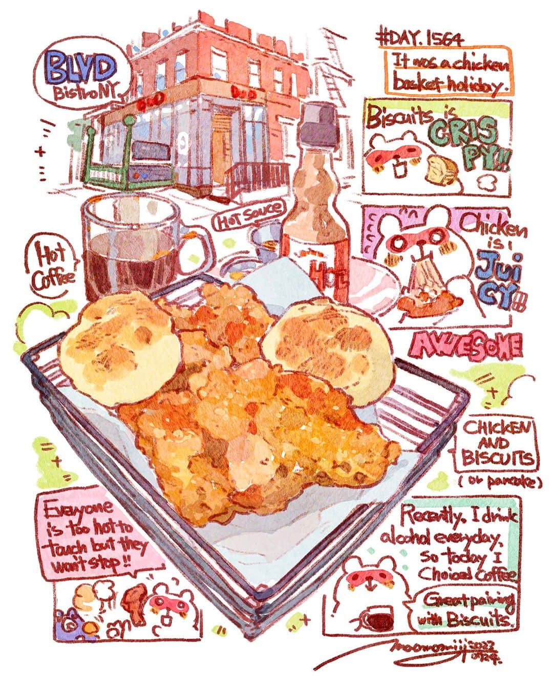 もみじ真魚さんのインスタグラム写真 - (もみじ真魚Instagram)「『#DAY1564/「My chicken-basket holiday」』  もみじ真魚/MaoMomiji 2023年7月25日 05:52  A crispy, juicy, heart-pounding holiday. I found a nice restaurant in my neighborhood, so I went in! And when I found fried chicken on the menu, I ordered it without hesitation! It was a luxury to enjoy hand-grabbing hot fried chicken at a restaurant. I was tempted to enjoy a beer, but I held back and ordered a cup of coffee.  「サクサクジューシーに心躍る休日」 近所に良さげなレストランがあったので、突入！そしてメニューにフライドチキンを見つけたので迷わず注文！レストランで手掴みの熱々のフライドチキンを食べるなんて、なんだか贅沢。ビールを楽しみたくなりましたが、グッと堪えてコーヒーを注文、時には休肝日も必要ですよね。  #日刊ごはんが好き #foodie #foodieart #dailyilovefood  #毎日更新 #foodillustration #fooddrawing #もみじ真魚 #maomomiji #飯テロ #美食 #friedchicken #blvd」7月25日 6時02分 - maomomiji