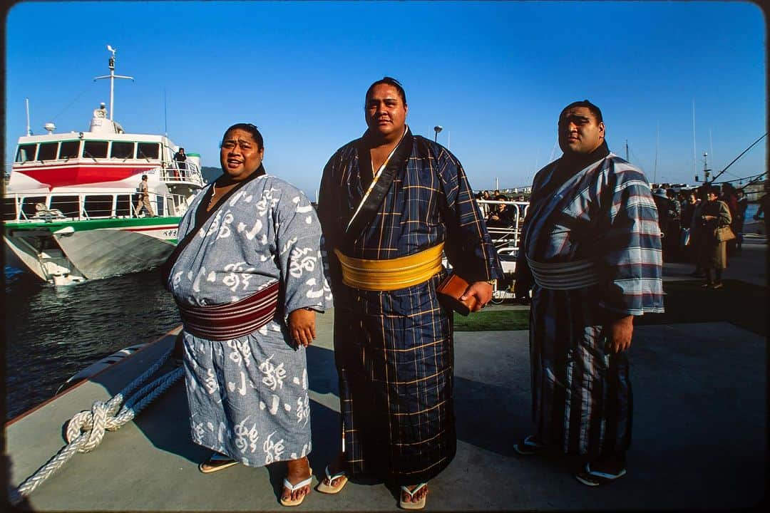 Michael Yamashitaのインスタグラム：「The Nagoya Grand Sumo Tournament has just ended won by a 24-year-old Mongolian by the name of Hoshoryu. Sumo is Japans National Sport with a history going back several centuries ago.  Between the 6 major tournaments held each year, there are exhibition matches held across the country.  Here is a gathering of Sumo stars from the 90’s including the 3 top Hawaiian wrestlers at the time, Konishiki, Akebono and Musashimaru on Noto Island, Kyushu #sumo #sumowrestling #konishiki #musashimaru #akebono」