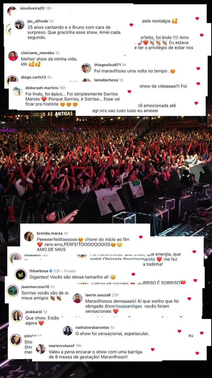 Sorriso Marotoのインスタグラム：「Alô Minas Gerais, que delícia ler o feedback positivo de vocês, estamos no caminho certo.   Foram + de 45 mil pessoas sofrendo com a gente ao som das antigas nesse último sábado. 🤩🎶🧡  Toda nossa gratidão a cada um de vocês que esteve presente nessa festa linda! 🙌🏽 @sorrisoasantigas」
