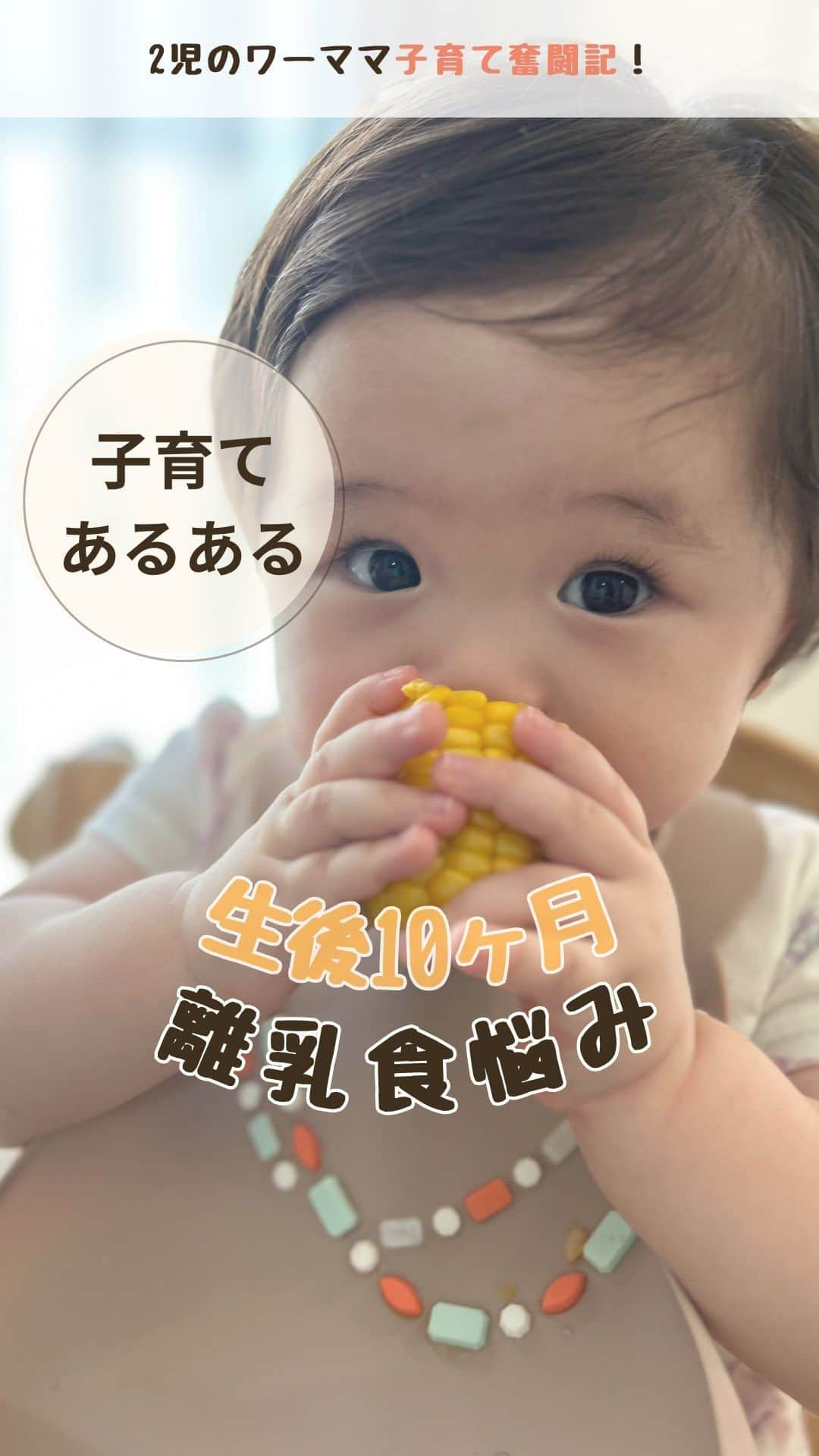 菅野広恵のインスタグラム：「離乳食問題👶色々大変ですよね🤣 みんなはどんなお悩みありますか？？  生後10ヶ月の娘の離乳食の悩みは…  -— つかみ食べを全くしてくれなかった😣 -—  結構周りは早い段階でつかみ食べ しているベイビーちゃん多い中  我が子は手に持たせようとすると…  〇ポイ！ 〇イジイジしてポイ！ 〇口に持っていこうとすると怒る😱  そんな感じがずっと続き しばらくつかみ食べやめてました。  お野菜とか食事系だから イヤなのかな？と思ったけど ボーロとか、おせんべいでも オコオコオコwww  諦めかけていた時 糖度22.5度の甘い甘い 採りたてのとうもろこしが 我が家に届いたので 試しにそのまま渡してみた。  ①最初は、味を知ってもらうために 私がとうもろこしを口に持っていき 娘モグモグ  ②お！食べるぞ！と思い、娘の手を とうもろこしに捕ませて そっと手を離した娘モグモグ  ③こりゃ美味しいぞ！とばかりに、とうもろこしにガブリつき、しゃぶりつく娘😭❤️  つかみ食べ一歩進みました🥹👍  離乳食って頑張って作っても 食べてくれなかったり せっかく作ったのに 全部ひっくり返してしまったり🤣  大変な事もあるけど 色々試しながら 自分も無理なく できる範囲で 「食べなくても、ま、いっか」 と思えるぐらいに 娘と取り組んでいきたいなと思います^_^  #離乳食　#離乳食後期  #離乳食メニュー  #離乳食レシピ  #離乳食食べない  #離乳食もぐもぐ期  #頑張りすぎない離乳食　#生後10ヶ月 #生後9ヶ月　#生後11ヶ月  #生後10ヶ月女の子  #女の子ベビー　#赤ちゃんごはん　#赤ちゃんのいる生活  #赤ちゃんのいる暮らし  #子育て悩み」