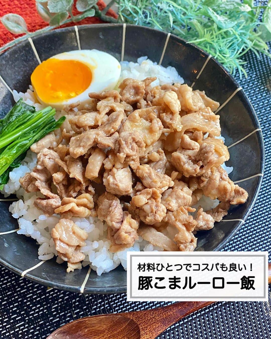 山本菜月のインスタグラム：「⁡ ⁡ ⁡ ⁡ ┈┈┈┈┈┈┈┈┈┈••✼ 材料ひとつでコスパも良い！ 豚こまルーロー飯 ┈┈┈┈┈┈┈┈┈┈••✼ ⁡ ⁡ こんにちは☀️ @zubora_meshi_ 菜月です✨ ⁡ 今日は材料ひとつ！ 炒めてごはんにのっけるだけの 簡単ごはんものレシピのご紹介です♩ ⁡ 炒めるだけなので超時短⏰ バタバタしている夏休みごはんに最適です😋 ⁡ 良かったら作ってみてくださいね〜💕 ⁡ ⁡ ⁡ ｡.ꕤ⌒⌒⌒⌒⌒⌒ꕤ⌒⌒⌒⌒⌒⌒ꕤ.｡ ⁡ ⁡ ⁡ 【2人分】 ごはん 好きなだけ 豚こま肉 200g ごま油 小さじ1 ⚫︎酒 大さじ1 ⚫︎オイスターソース 小さじ2 ⚫︎砂糖 小さじ2 ⚫︎醤油 小さじ1 ⚫︎生姜チューブ 小さじ1 半熟卵、青菜 適宜 ⁡ 【作り方】 ①フライパンにごま油をひき 　細かく切った豚こまを入れて火が通るまで炒める。 ②⚫︎を加え、水分が飛んでくるまで煮詰める。 ⁡ ⁡ ⁡ ｡.ꕤ⌒⌒⌒⌒⌒⌒ꕤ⌒⌒⌒⌒⌒⌒ꕤ.｡ ⁡ ⁡ 最後までご覧頂きありがとうございます。 是非、食レポを聞かせてくださると嬉しいです♡ ⁡ ＊NATSU KITCHEN ＊」