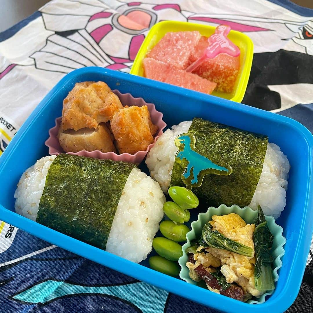 小西ゆりなのインスタグラム：「とにかく米でお腹を満たせ！な本日の夏休み学童弁当👦🍱 ここ最近の息子の食欲がとてつもない… 幼稚園からのお弁当箱ではやはりもうダメなのか🤔 #本日のお弁当 #夏休み弁当 #学童弁当 #小1男子 #食欲旺盛 #ツナおにぎり」