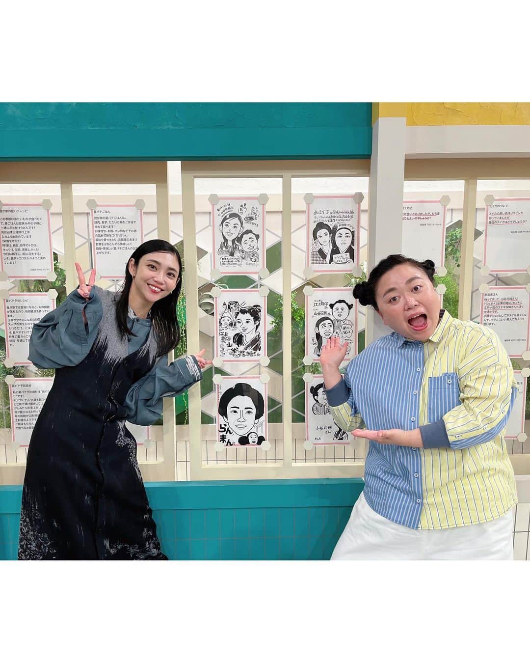 山谷花純のインスタグラム：「あさイチ　ありがとうございました。 お料理が大好きなのでとても幸せな勉強になる時間でした^ ^  ご一緒したニッチェ江上さんと📸 江上さんのお料理もいつか食べたいなぁ^ ^  #あさイチ #朝ドラらんまん #山谷花純  #ニッチェ  #江上敬子  さん」