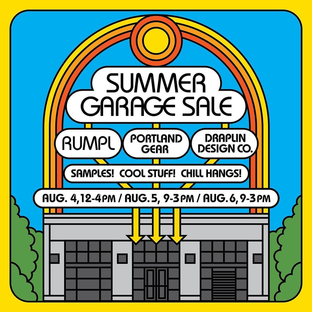 Portlandのインスタグラム：「The first EVER PDX Summer Garage Sale featuring local brands @gorumpl, @portlandgear, and @draplin takes place next weekend! All items will be highly discounted with amazing products for sale.   📍1818 NW 25th Ave, Portland, OR 97210  Friday Aug 4: 12PM - 4PM Saturday Aug 5: 9AM - 3PM Sunday Aug 6: 9AM - 3PM  Tag two people below that need to see this! 👇」