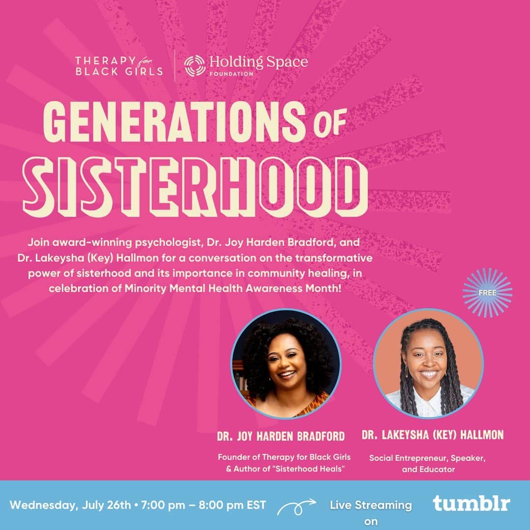 Tumblrのインスタグラム：「July is Minority Mental Health Month & we are proud to be partnering with @therapyforblackgirls 🩷 We’ll be streaming their Generations of Sisterhood event on Tumblr live tomorrow 7/26 @ 7pm EST!!  Share this post to your story, send to your pals, get the word out about this important event!  To learn more & register, go to: ⭐️tumblr.com/therapyforblackgirls ⭐️therapyforblackgirls.com/gos」
