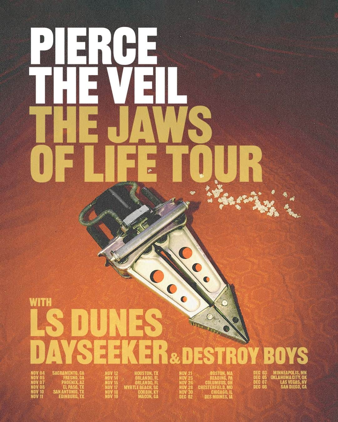 ピアス・ザ・ヴェイルのインスタグラム：「The Jaws Of Life Tour is coming to North America with @lsdunes @dayseeker and @destroyboysband 💛  Pre-sale and VIP start TODAY at 12pm local time at piercetheveil.net. Text us at +1 (619) 492-3894 for the pre-sale code. Tickets go on sale this Friday, July 28th at 10am local time.」