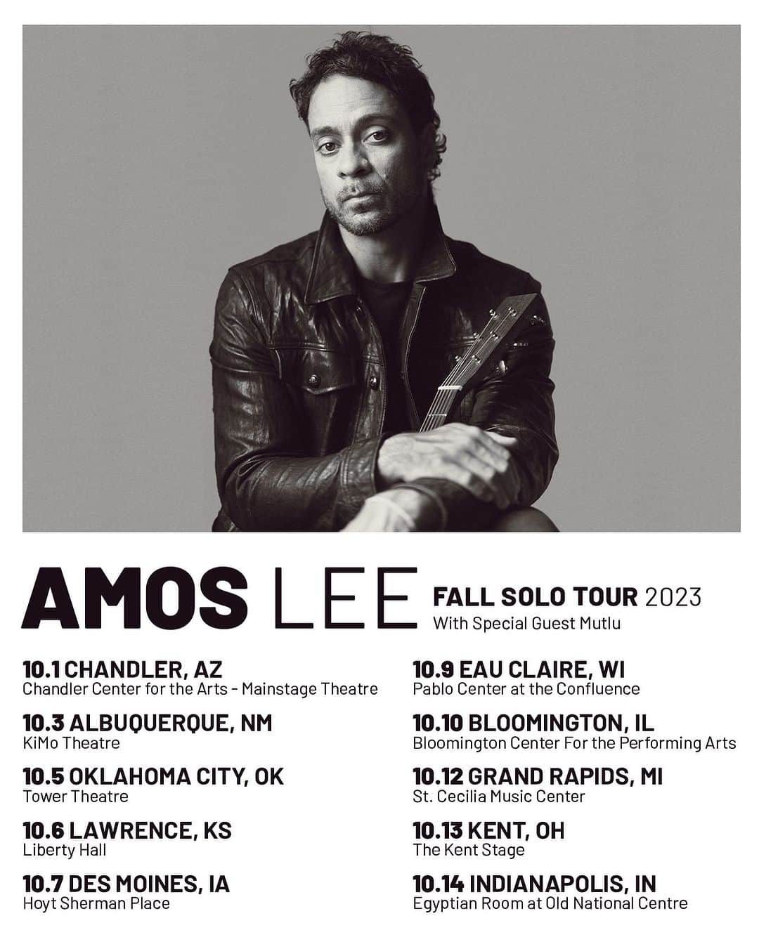 エイモス・リーのインスタグラム：「ANNOUNCING: The Amos Lee Fall Solo Tour with special guest, @mutlusounds.   Get pre-sale tickets starting this Wednesday 7/26 at 10am local time. Join our email list at the link in the bio for presale code and details!   All tickets on sale this Friday 7/28 at 10am! Chandler, AZ on sale now.」