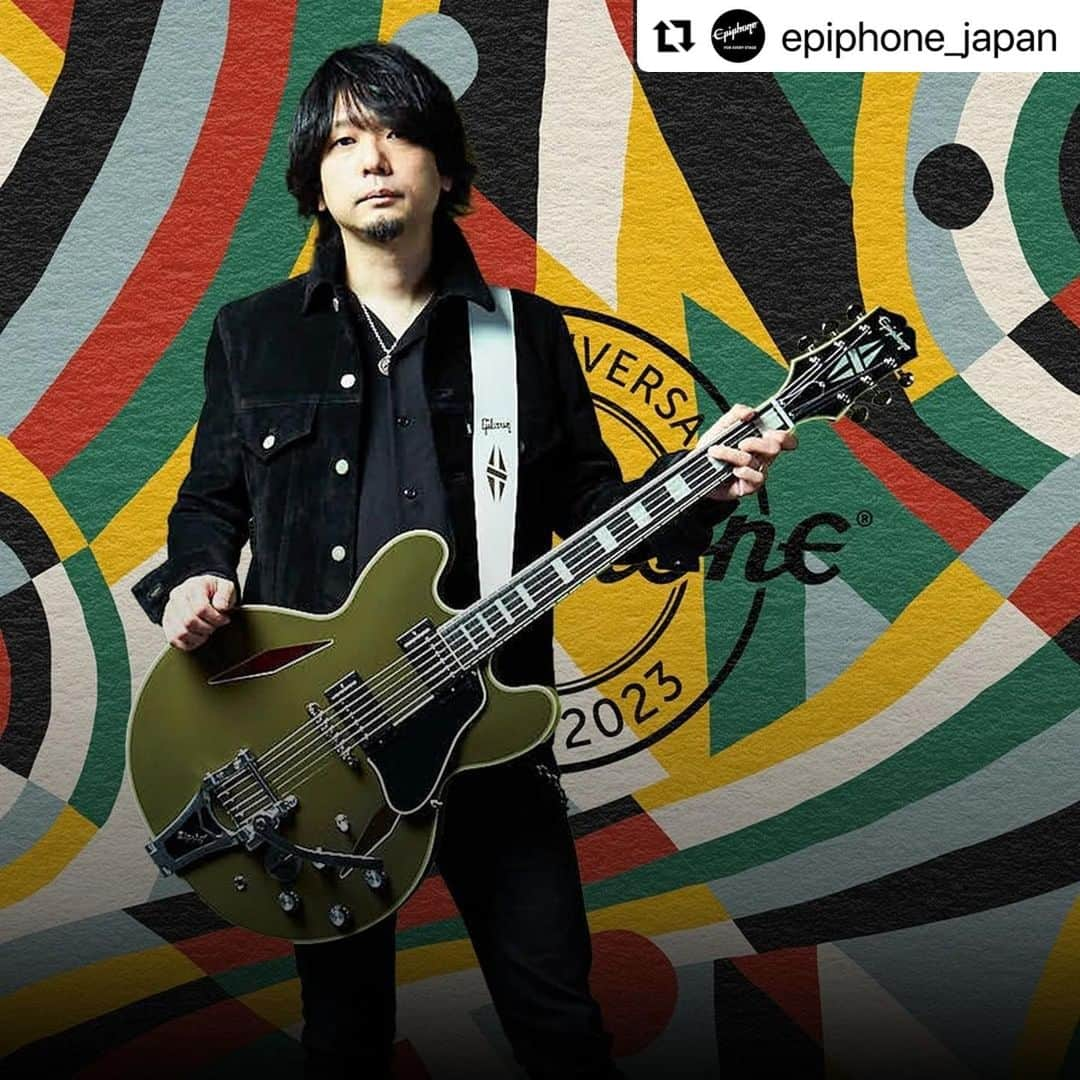 生形真一のインスタグラム：「#Repost @epiphone_japan with @use.repost ・・・ エピフォン150周年特設サイト、リニューアル公開😆🎉印象的なアートワークを手掛けたのは、FUJI ROCK FESTIVALのビジュアルで広く知られる Asuka Watanabe✨ギターのコードから着想を得た「音の拡がり」を感じさせるグラフィックが、夏フェス期真っ盛りのこのシーズンを彩ります🌞🎶  これを記念してゲストに Nothing's Carved In Stone／ELLEGARDEN のギタリスト、生形真一が登場👍🔥5月に開催された『Epiphone Shinichi Ubukata ES-355 ver.02発売記念イベント 』のレポート、そして公式YouTubeチャンネル「エピフォンTV日本版」で発売記念イベントの動画を公開します。選ばれた方のみが参加した貴重な招待制イベントの模様を、テキストと映像で追体験してください😉  📣エピフォン150周年特設サイト▶️ https://bit.ly/epiphone150  📣 Epiphone Shinichi Ubukata ES-355 ver.02発売記念イベント動画はプロフィールのリンクをチェック。  #エピフォン #epiphone #ギター #guitar #生形真一 #shinichiubukata #シグネチャーモデル #signaturemodel #NCIS #ナッシングス #ELLEGARDEN #エルレガーデン #エルレ #asukawatanabe #エピ150 #foreverystage」