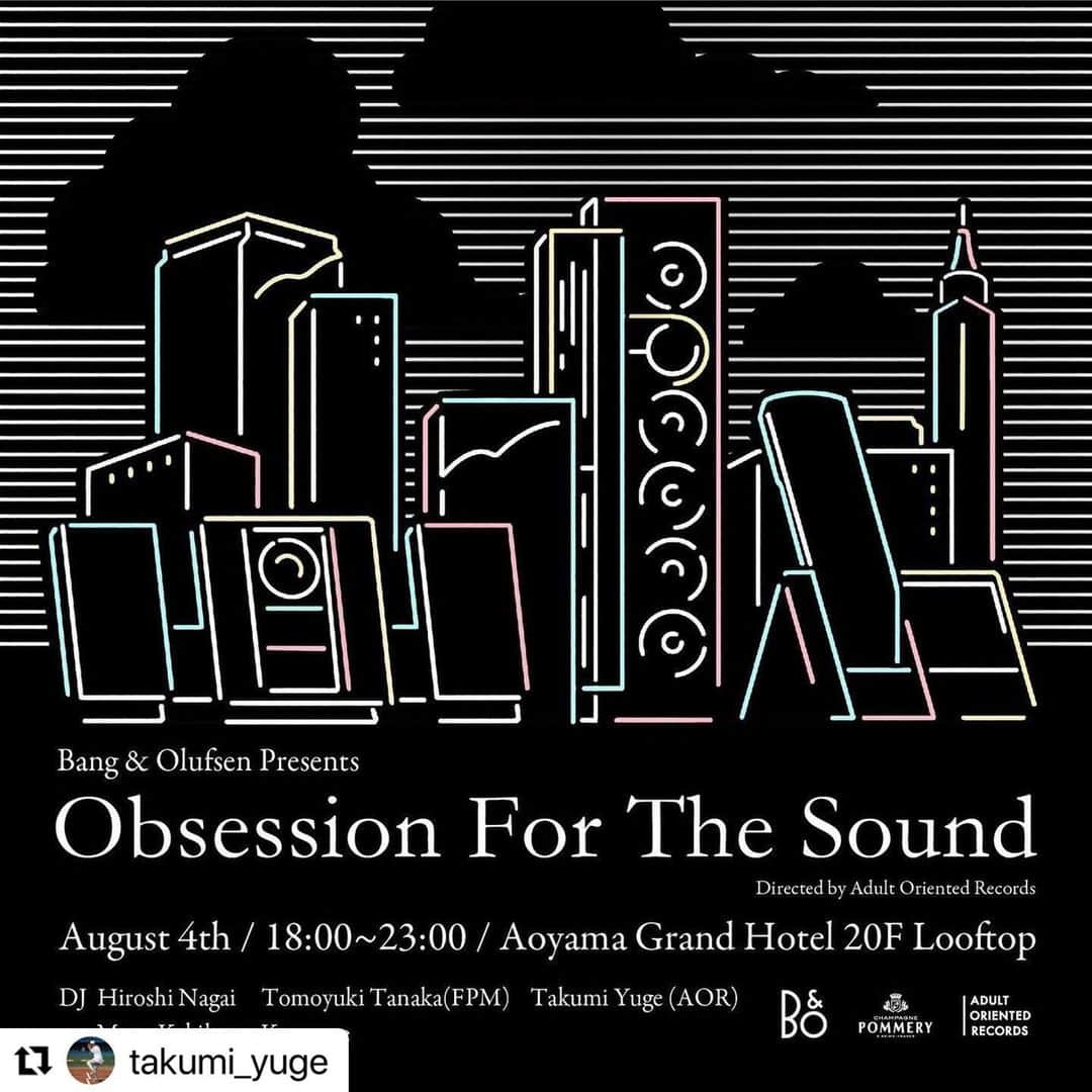 永井博のインスタグラム：「#Repost @takumi_yuge with @use.repost ・・・ 8/4青山グランドホテルルーフトップで開催するイベントですが、来ても良いよという方、DMください。  イラストは金安くんに描いてもらいました。  Bang & Olufsen が"Obsession For The Sound"と銘打ち、拘りをテーマにした音のイベントを開催いたします。  ファッションデザイナー、アートディレクターであり、Adult Oriented Recordsの創始者、弓削匠氏プロデュースのDJイベントをThe Aoyama Grand Hotelで開催いたします。同氏に加え永井博氏、田中知之氏（FPM）、 Mayu Kakihata、KAMOME（Vinyl Youth / Opus.）の4名のDJをお楽しみいただけます。音楽はパーソナルなものであると同時に人との繋がりや新しい発見をもたらしてくれます。“See yourself in sound”キャンペーンでも大切にしている音楽の繋がりの部分と個人の表現やクリエイティビティーの部分の“架け橋”をイベントで実際にご体感いただけます。会場の音楽はBang & Olufsenのアイコニックなスピーカー “Beoplay A9”を通してお届け。ミニマルな姿からは想像できないパワフルなサウンドをお楽しみいただけます。   【イベント開催概要】  日時： 2023年8月4日（金）18：00～（Door Open 17:30）＊雨天の場合中止 エントランス・フィー： 1,000円（ワンドリンク、ルイ・ポメリー カリフォルニア*付） *ルイ・ポメリー カリフォルニアはカリフォルニアのテロワールの最高のブドウを選定し、 まさにシャンパーニュの製造で培った経験と技術が生かされた芸術的な作品です。 場所： The Aoyama Grand Hotel 20F, The Top. 〒107-0061 東京都港区北青山二丁目14-4 20F イベント予約方法： お電話 03-6271-5429（The Aoyama Grand Hotel 総合受付） https://aoyamagrand.com/topics/bangolufsen/ 主催： Bang & Olufsen Japan 協力： THE AOYAMA GRAND HOTEL, LOUIS POMMERY CALIFORNIA」