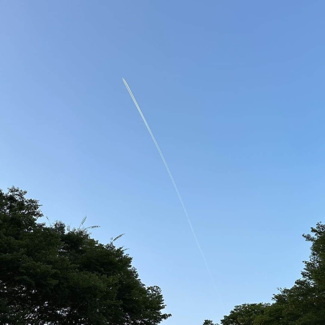 綾瀬マリアのインスタグラム：「#飛行機雲 #ひこうきぐも ✈️ 夏の空だなぁ〜🌻」