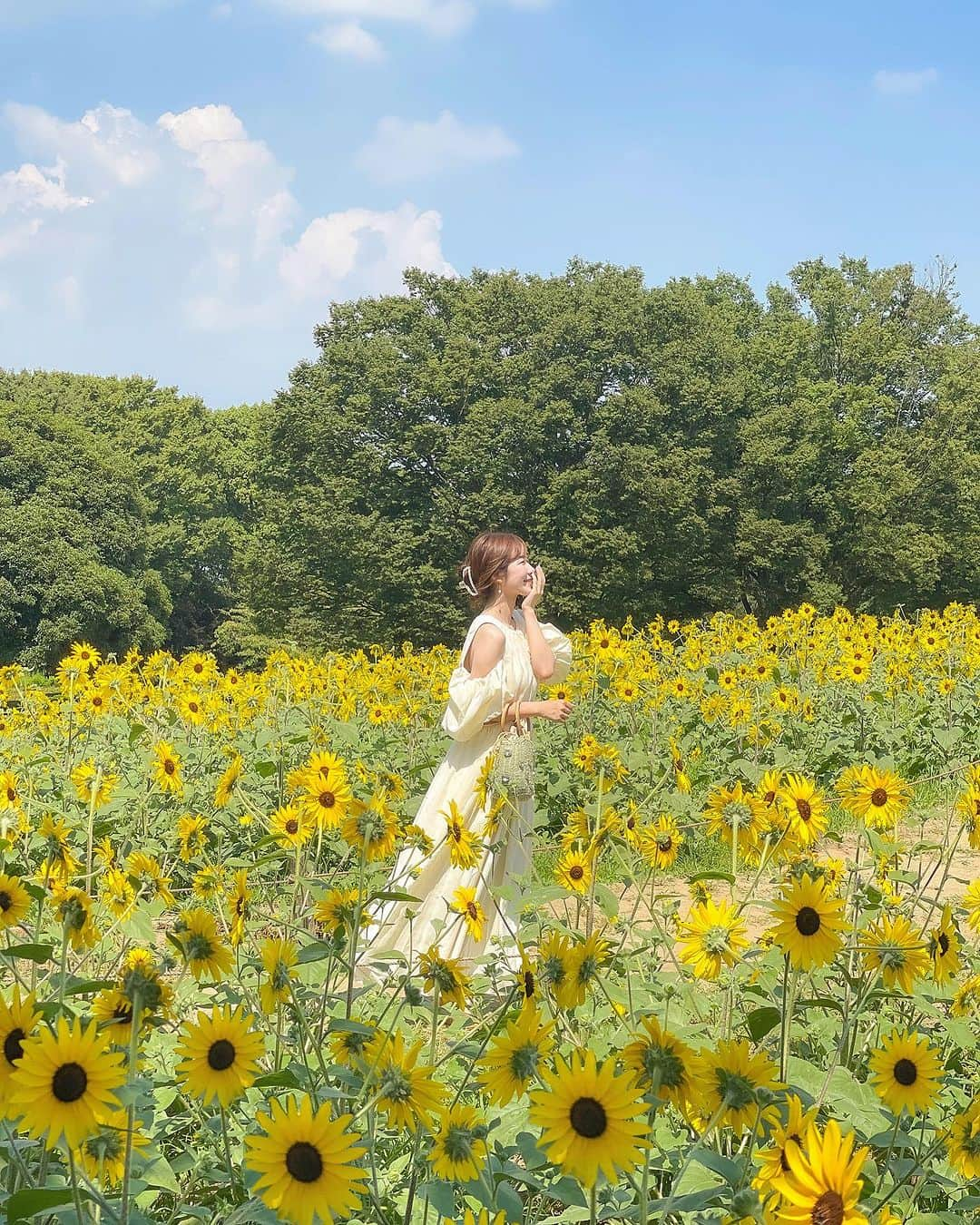 tomomi ❤︎ よしはしともみ ❤︎のインスタグラム：「. . . 　　国営昭和記念公園(ハーブの丘) / 📍立川 . . 一足先にひまわり畑に🌻 開花が早いミニひまわり『サンフィニティ』を見に行ってきた〜 暑くて暑くて大変だった😶‍🌫️ 昭和記念公園広すぎる・・・ 歩くと暑すぎるからレンタル自転車🚲するのがオススメだよ〜！ . . . ひまわりに合わせたイエローワンピースコーデ🌼 . 👒コーディネート ワンピース　@_estella.k_ バッグ　@zara . . .  ------------------------------------------------------ 📍 国営昭和記念公園 𝐀𝐝𝐝𝐫𝐞𝐬𝐬：〒190-8530 東京都立川市緑町3173 𝐀𝐜𝐜𝐞𝐬𝐬：立川駅 北口より約10分 𝐓𝐞𝐥：042-528-1751 𝐇𝐨𝐮𝐫：9:30～17:00 （3月1日～10月31日）4～9月の土日祝日18：00閉園 -------------------------------------------------------- . . . #estellak #showakinenpark #sunflower #zara #zaraコーデ #zara購入品 #ザラ #ザラ購入品 #ひまわり #ひまわり畑 #ヒマワリ畑 #ヒマワリ #向日葵 #向日葵畑 #昭和記念公園 #国営昭和記念公園 #お花畑 #お出かけスポット #お出かけコーデ #立川 #東京観光 #東京旅行 #東京散歩 #東京スポット #ハートポーズ」