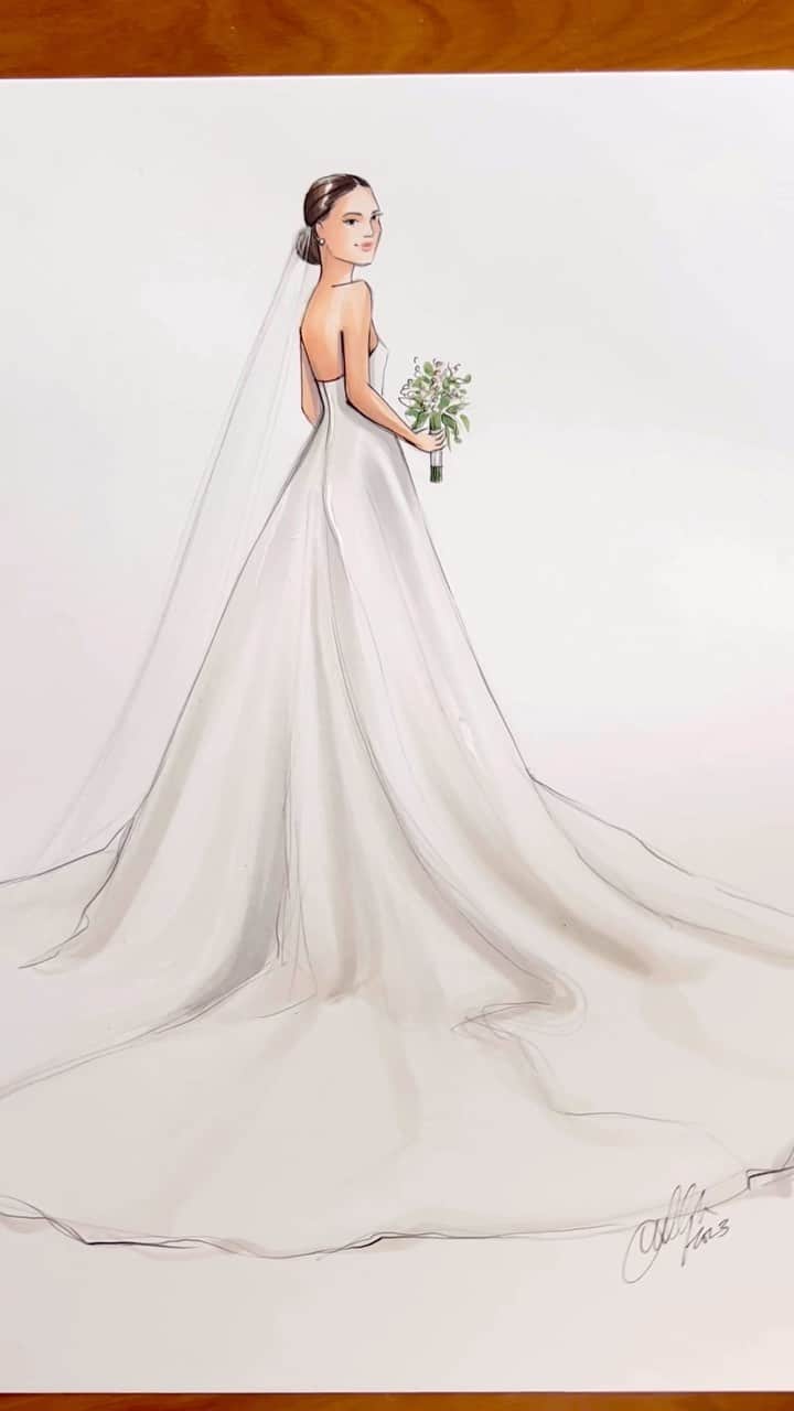 Holly Nicholsのインスタグラム：「Timeless and lovely, @emilymariko’s wedding dress 🤍 #asmr #copicmarker #weddingdress #fashionillustration #relaxing」
