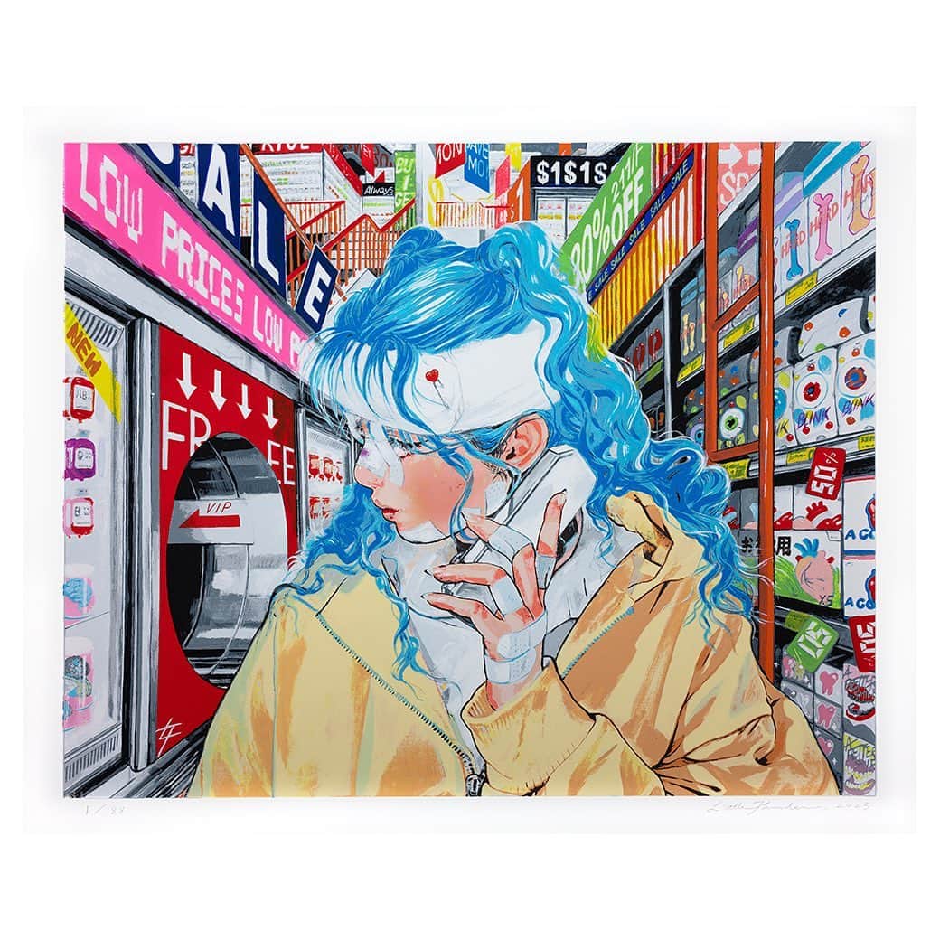 門小雷のインスタグラム：「🍬This Thursday🍬  @littlethunder prints will be available for sale this Thursday July 27 at 9am PDT on gareythethird.com.   Grocery Shopping is a work pulled from Little Thunder's first solo exhibition with Over The Influence gallery titled Reality Dropout and we are excited to present this edition.  Little Thunder’s oeuvre is heavily influenced by manga aesthetics, portraying seemingly mundane moments within extraordinarily vibrant and magical realist environments as a playful way to express the complexities of reality.   Grocery Shopping, 2022 35 Color Hand Pulled Silk Screen Hahnemühle Cotton Rag 300gsm 81 x 66.5 cm | 32 x 26 in Edition of 88 + 8AP Hand signed and numbered by the artist Printed by @miniprintseoul $490 USD   #LittleThunder #GroceryShopping #gareythethird #silkscreenprint #limitededition」
