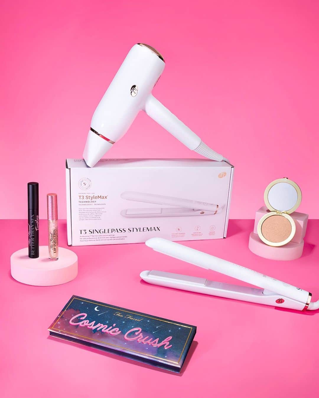 Too Facedのインスタグラム：「💖 GIVEAWAY 💖 We’re so excited to partner with our friends at @t3micro to give TWO lucky winners the ultimate beauty prize pack!  Prize Pack includes: @toofaced Better Than Sex Foreplay Primer Mascara, Cosmic Crush Eye Shadow Palette, your shade of our Moon Crush Highlighter, and Lip Injection Maximum Plump shade Cosmic Crush and @t3micro T3 SinglePass Styleax flat iron, T3 Featherweight StyleMax hair dryer.  HOW TO ENTER: ✨ LIKE & SAVE this post ✨ FOLLOW @toofaced and @t3micro  ✨ TAG 2 of your friends (they must be following, too!) ✨ *For additional entries, comment a 💓 on our most recent posts!  (US) Giveaway ends (7/28) at 11:59PM PST & the winners will be contacted via DM from the official @toofaced account on 7/31. GOOD LUCK!」