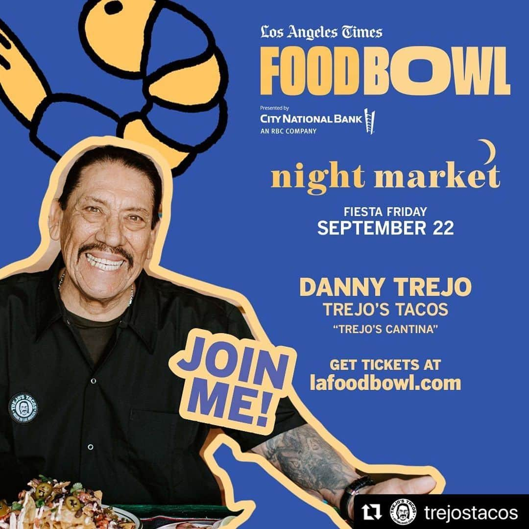 ダニー・トレホさんのインスタグラム写真 - (ダニー・トレホInstagram)「#Repost @trejostacos Come see Danny Trejo at the @lafoodbowl Night Market, presented by City National Bank! @officialdannytrejo will be doing a live cooking demo on the L.A. Times Food Stage at Fiesta Friday on September 22. While you’re there, be sure to grab a signed copy of “Trejo’s Cantina.” Get your tickets before they sell out at lafoodbowl.com! *Link in Bio*     #lafoodbowl @latimes @latimesfood @latimesevents」7月26日 5時00分 - officialdannytrejo