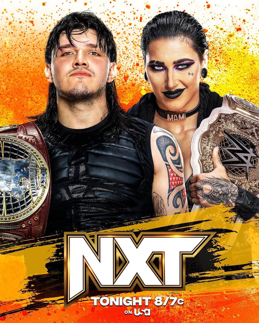 WWEのインスタグラム：「TONIGHT on #WWENXT  👀 @dominik_35 & @rhearipley_wwe kick off the show 😈 @rhearipley_wwe vs. @real_valkyria  🤝 @carmelo_wwe, @unbesiegbar_dragunov & @trickwilliams_wwe vs. Schism 🤔 @gablesteveson decides his future tonight 👊 @ashasebera_danabrooke vs. @corajadewwe in a Kendo Stick Match 😡 @vonwagner_ vs. @javierbernalwwe  📺 8/7c @usanetwork」