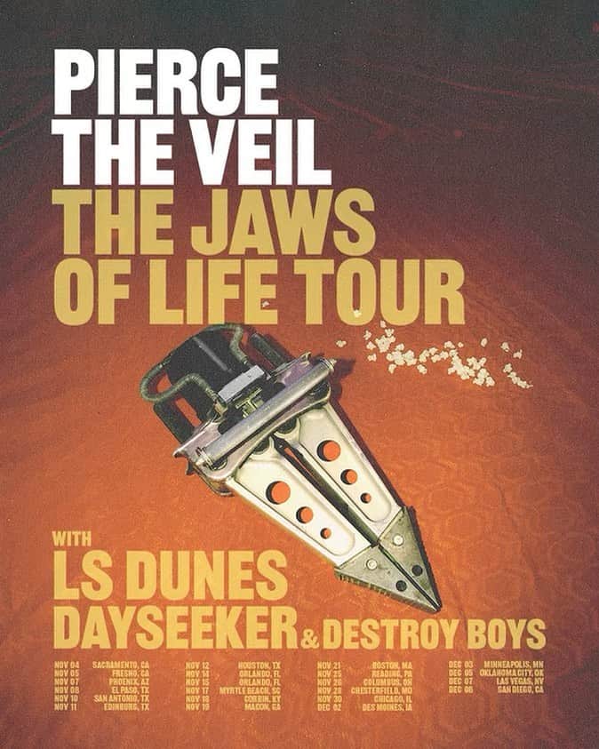 Jaime Preciadoのインスタグラム：「Let the Chaos Begin!!! 🤯🤘🏼  The Jaws Of Life Tour is coming to North America with @LSDunes, @Dayseeker and @Destroyboys 💛  Pre-sale and VIP start TODAY at 12pm local time. Text us at: +16194923894 for the pre-sale code. Tickets go on sale this Friday, July 28th at 10am local time.」