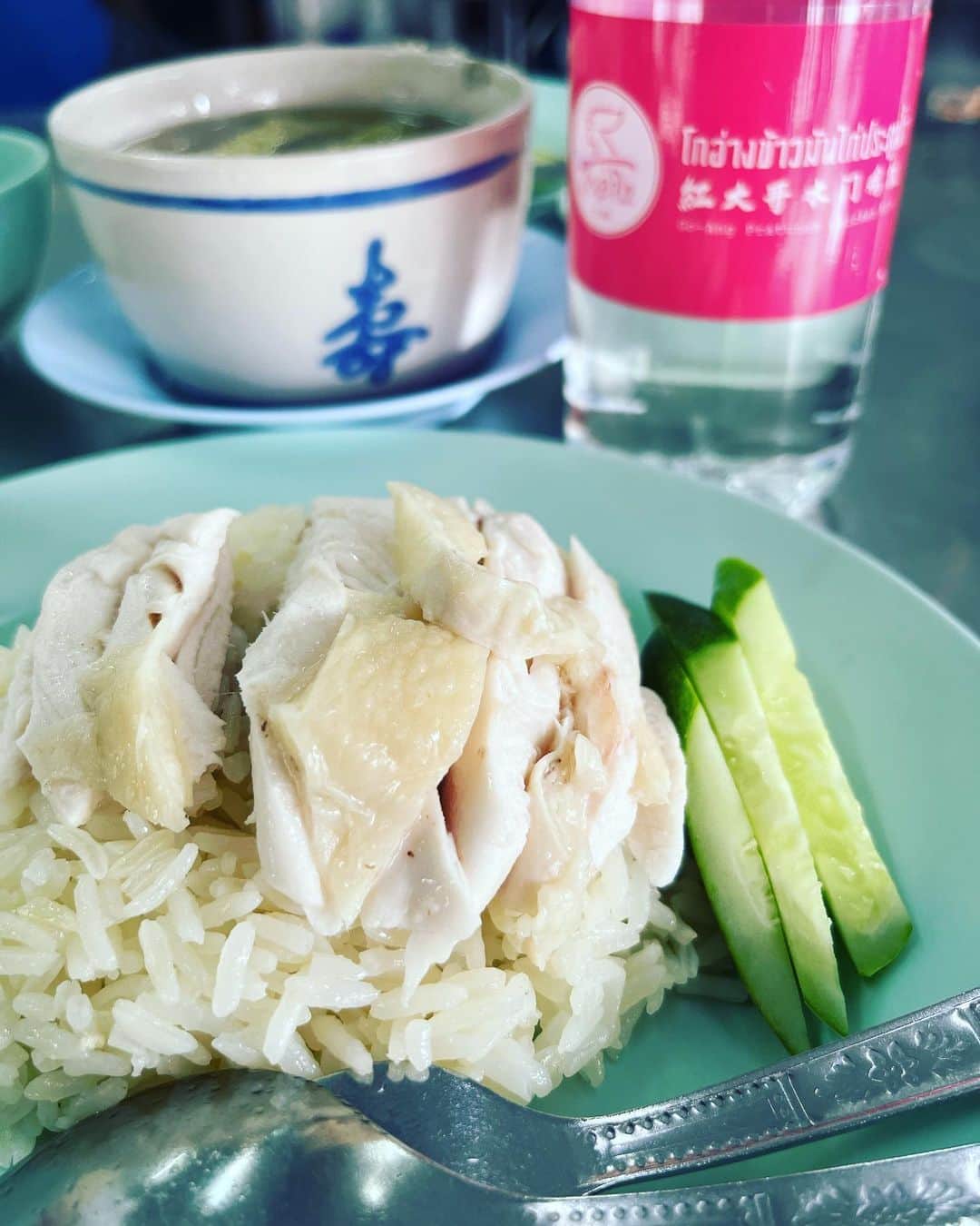 やまだひさしのインスタグラム：「孤独のグルメ 久々食べたくてピンク。 これ食べるとシンガポールも行きたくなるなぁ。 ついでに隣の緑もハシゴw 明日はまた別の地へ。 #やまだひさし #ラジオ #DJ #グルメ #カオマンガイ #タイ」