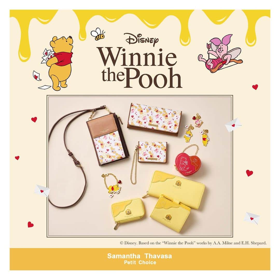 のインスタグラム：「. #サマンサタバサプチチョイス  「くまのプーさん」コレクションが登場🍯❤️   大好物のハニーと、大切な人へのお手紙をテーマにデザインしたコレクション。  ハートが散りばめられたハートフルな 『くまのプーさん』の世界観があふれたアイテムがラインナップ💌    #ディズニー #Disney #disney #くまのプーさん #プー #プーさん #ピッグレット #サマンサタバサプチチョイス #samanthathavasapetitchoice」