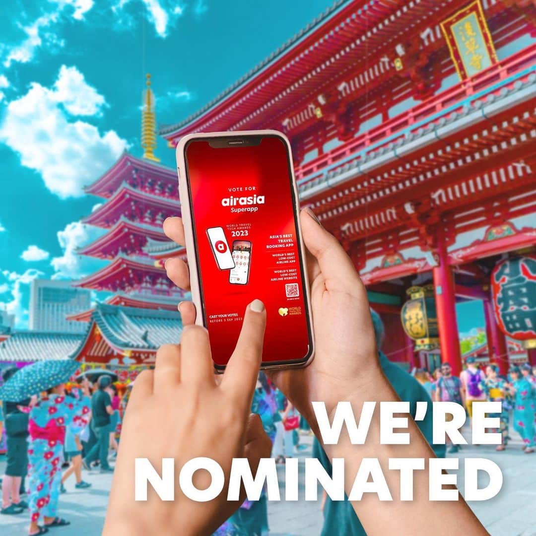 エアアジアのインスタグラム：「Exciting times ahead! We’ve been honoured with nominations for not one, but THREE awards in the World Travel Awards 2023 🎉🎉🎉  Let’s conquer these awards together! Click the link in our bio to vote for us 🗳️✨   #airasiasuperapp #worldtravelawards #worldtravelawards2023」